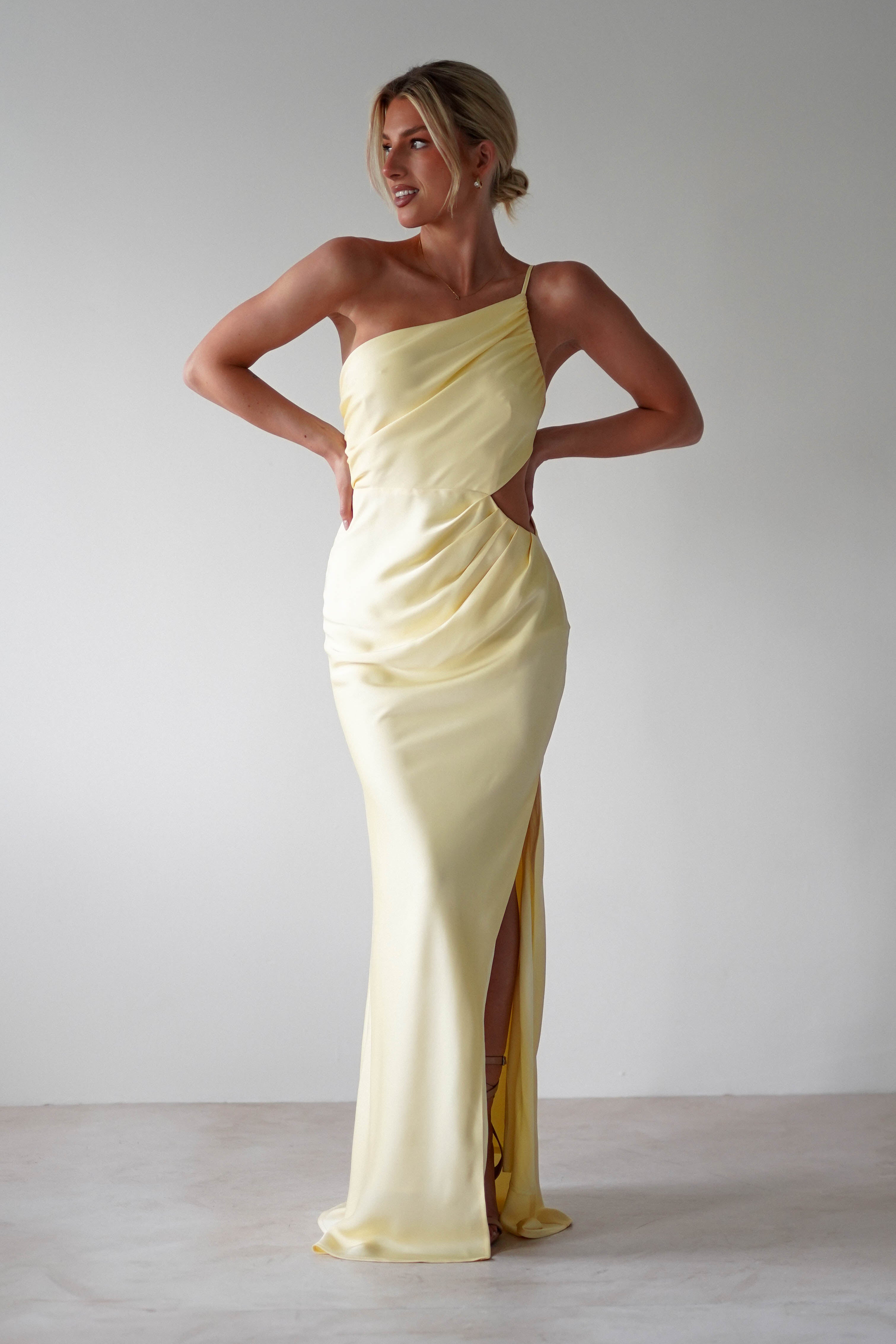 Lyra Soft Matte Satin Maxi Dress Yellow | Wedding Guest Dress | Maxi | Satin | Oh Hello Clothing
