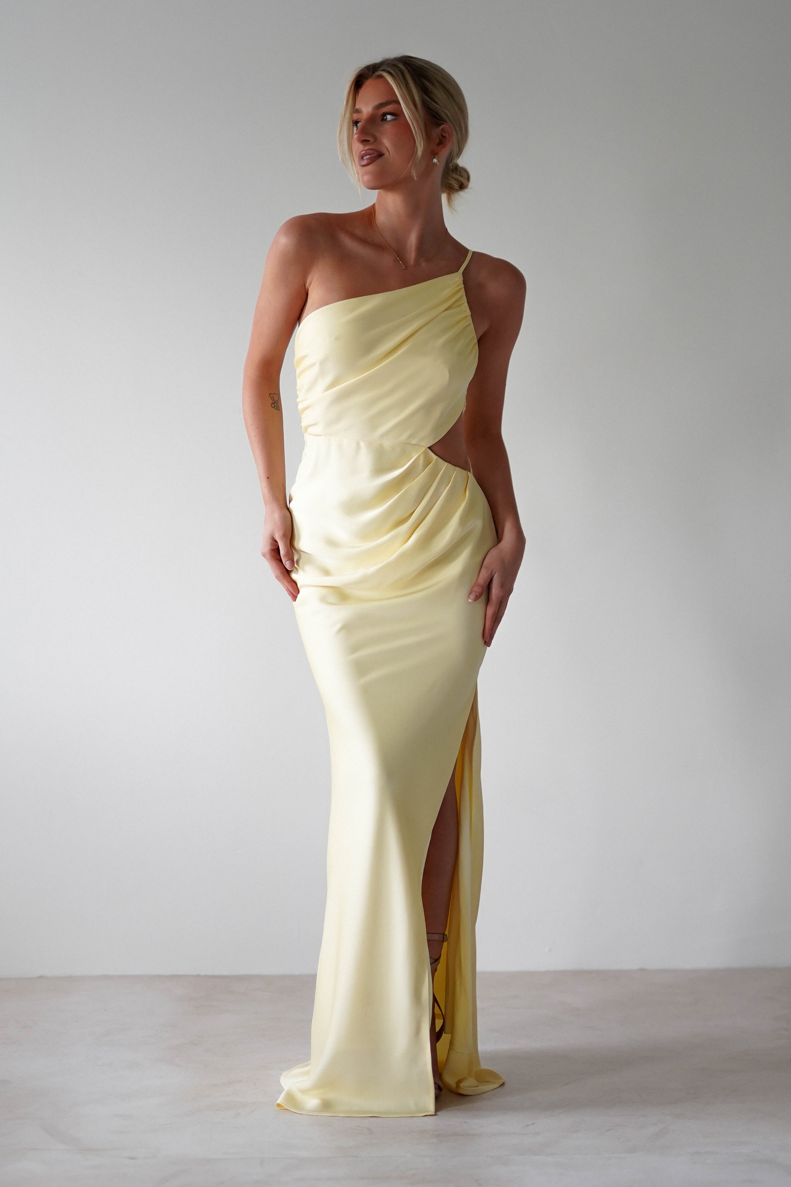 Lyra Soft Matte Satin Maxi Dress Yellow | Wedding Guest Dress | Maxi | Satin | Oh Hello Clothing
