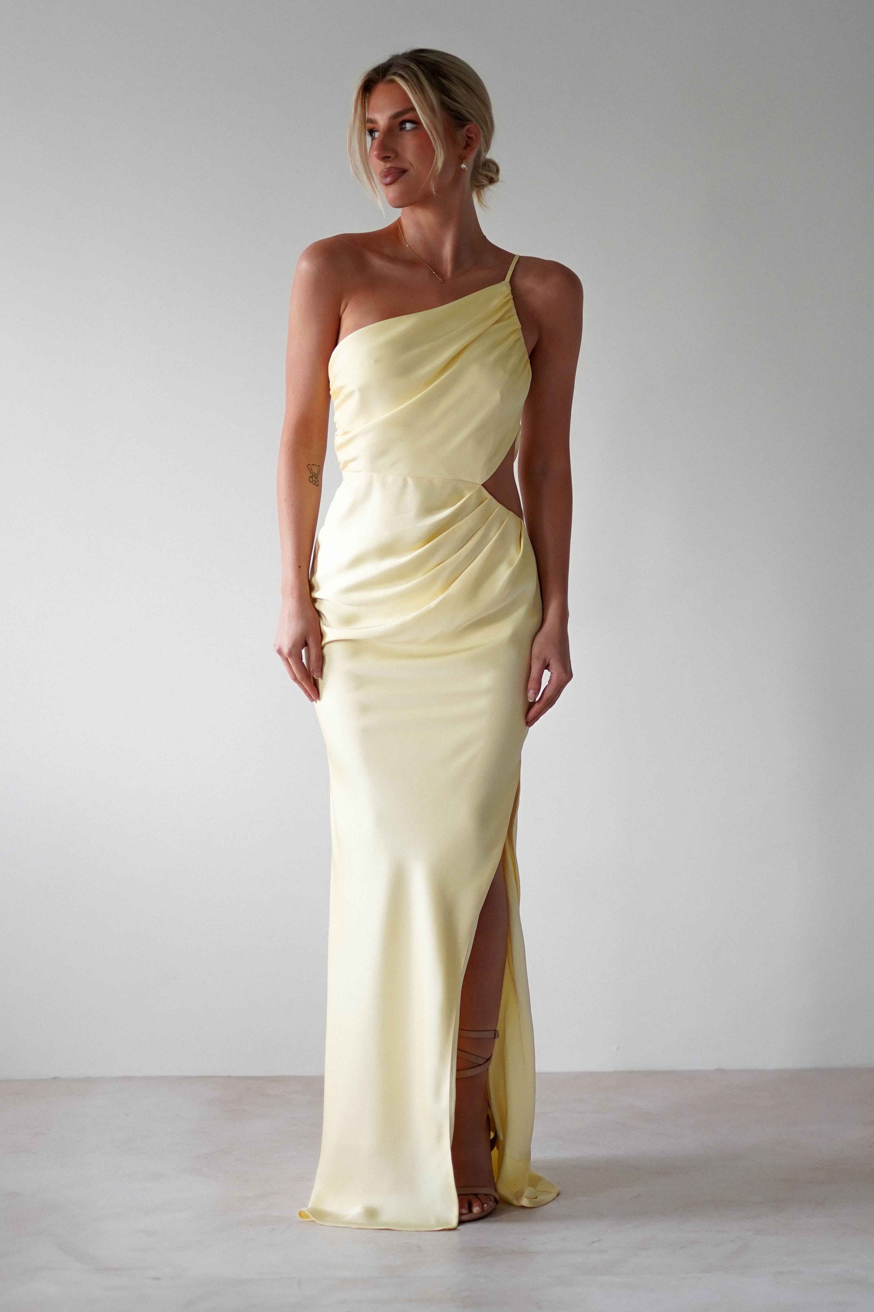 Lyra Soft Matte Satin Maxi Dress Yellow | Wedding Guest Dress | Maxi | Satin | Oh Hello Clothing