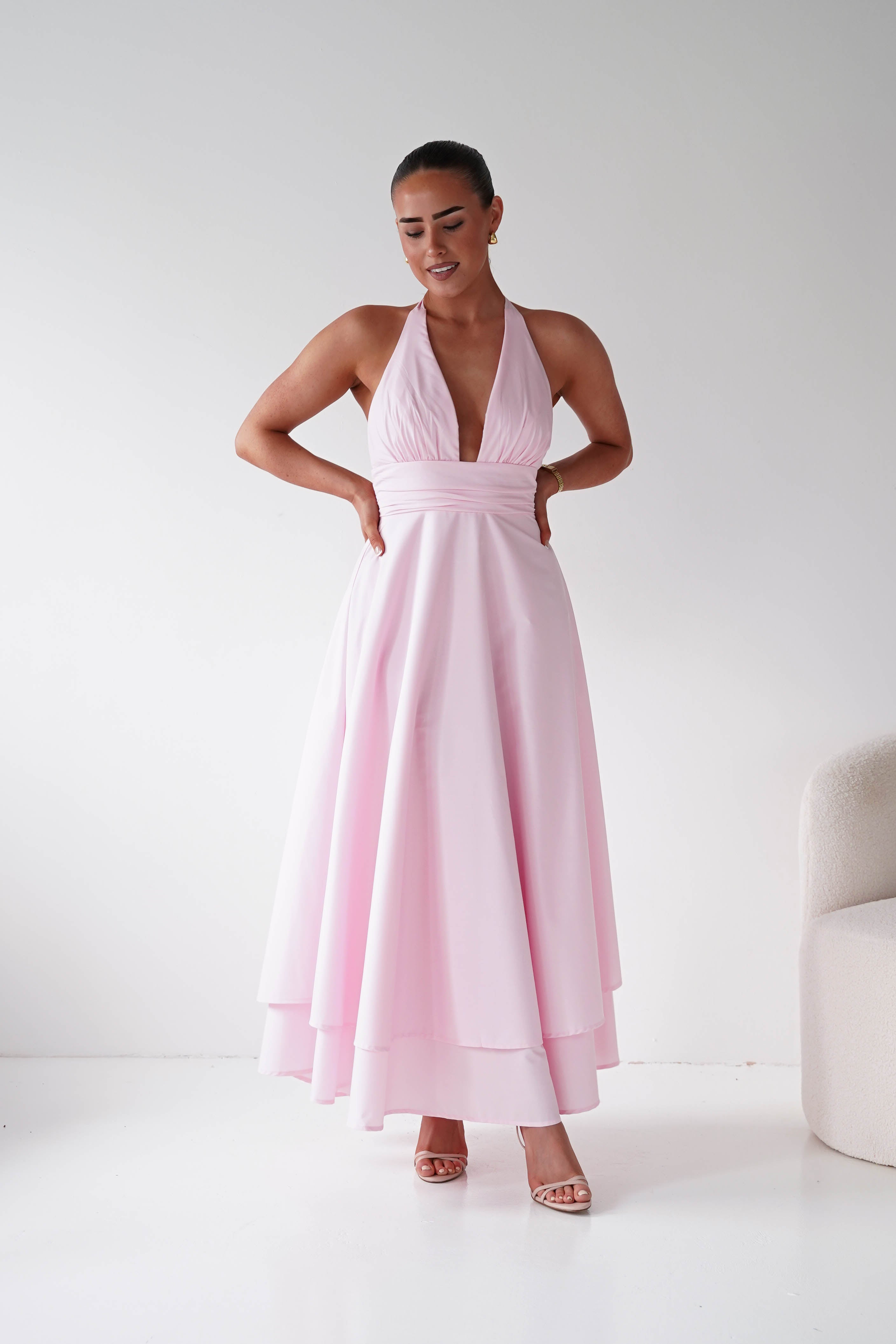 Oh Hello Clothing Women > Clothing > Dresses Makaila Halterneck Chiffon Midaxi Dress | Pink