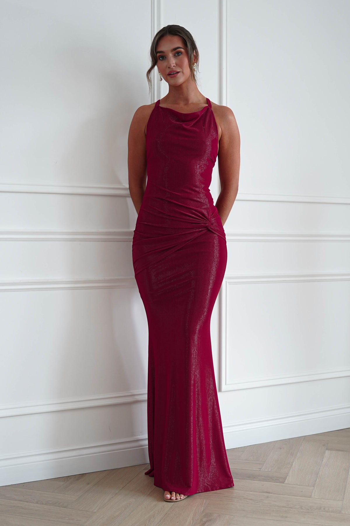 Oh Hello Clothing Women > Clothing > Dresses * MANIJU | MF22985 | RED Ruched Cowl Neck Maxi Dress