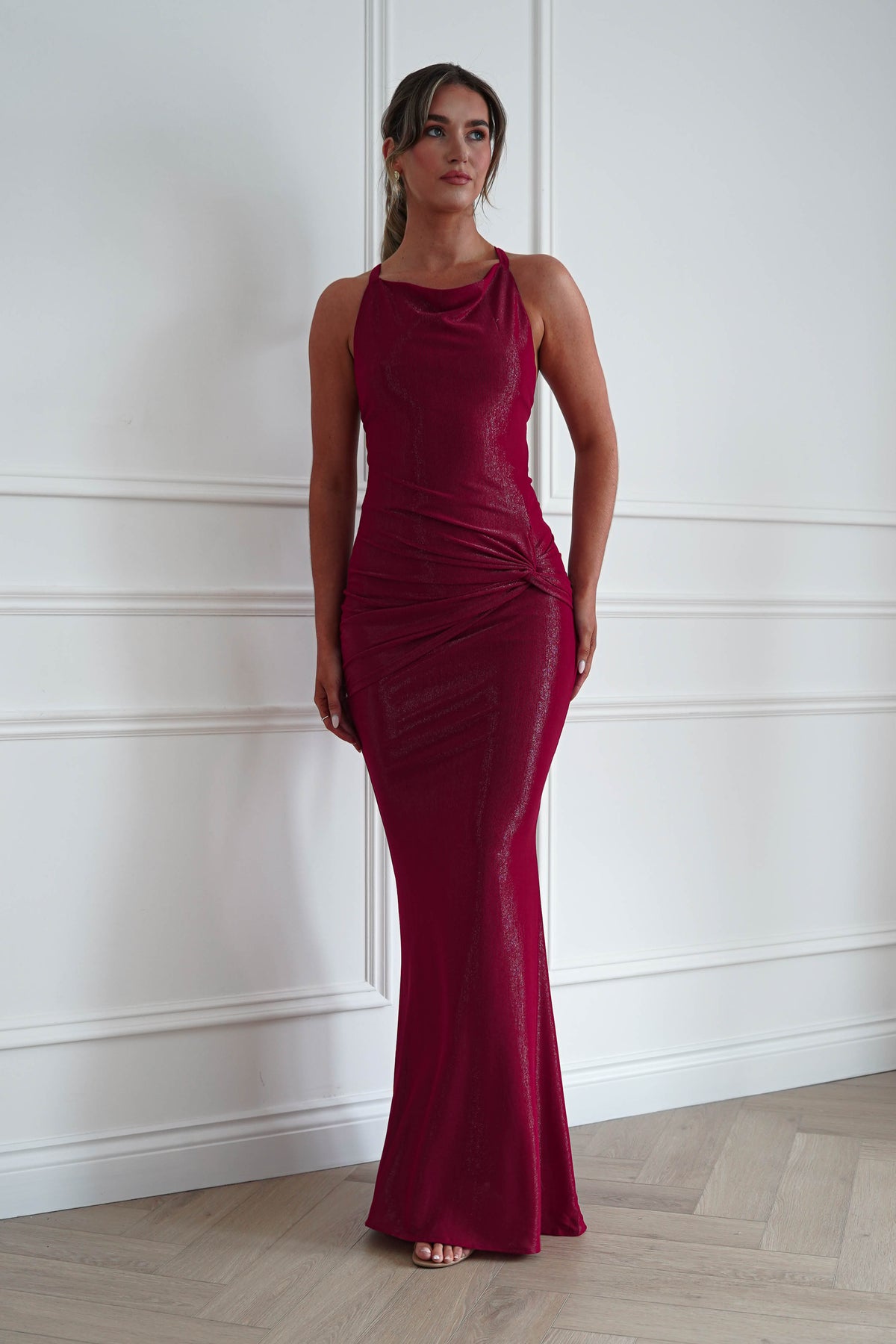 Oh Hello Clothing Women > Clothing > Dresses * MANIJU | MF22985 | RED Ruched Cowl Neck Maxi Dress
