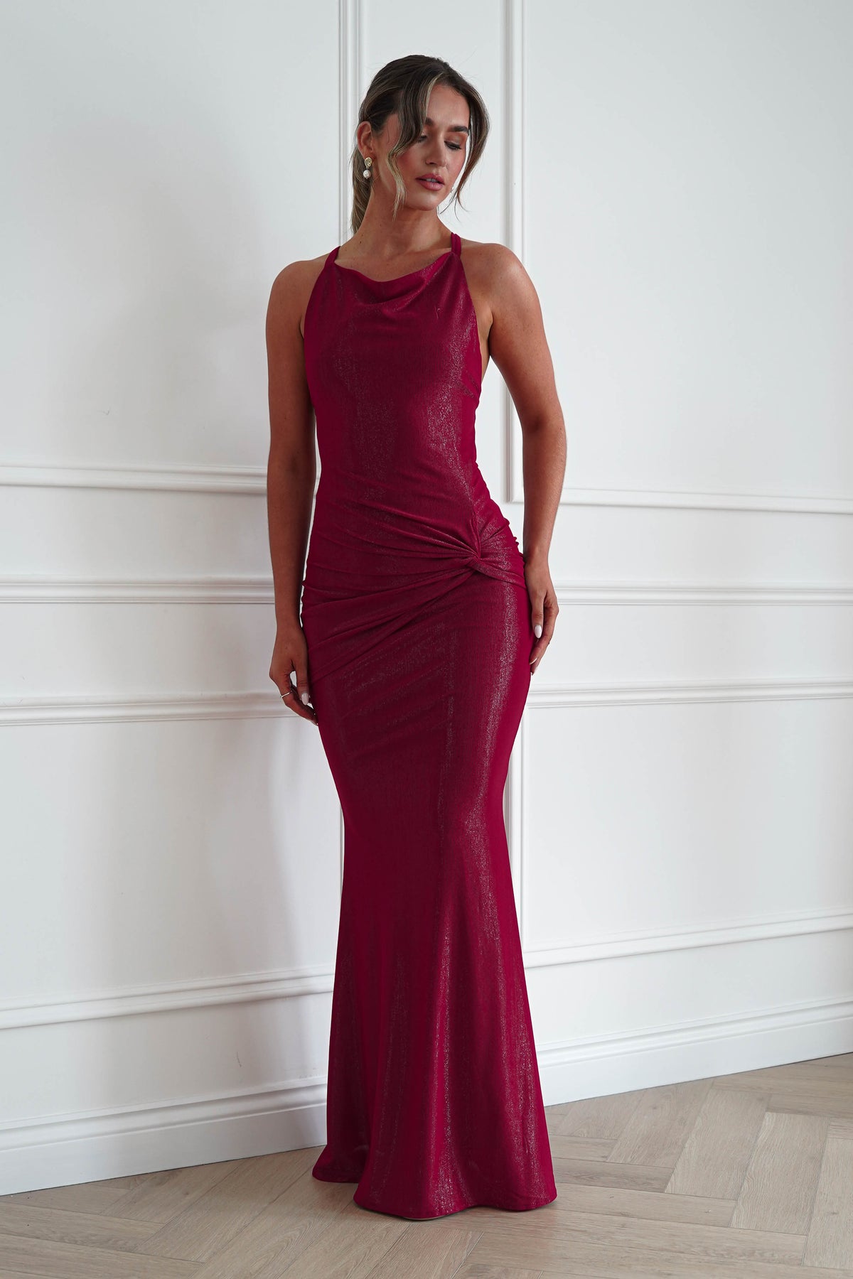 Oh Hello Clothing Women > Clothing > Dresses * MANIJU | MF22985 | RED Ruched Cowl Neck Maxi Dress