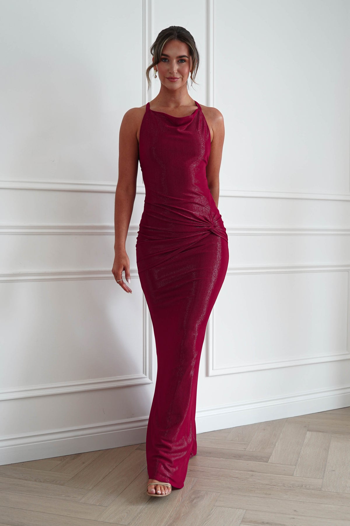 Oh Hello Clothing Women > Clothing > Dresses * MANIJU | MF22985 | RED Ruched Cowl Neck Maxi Dress