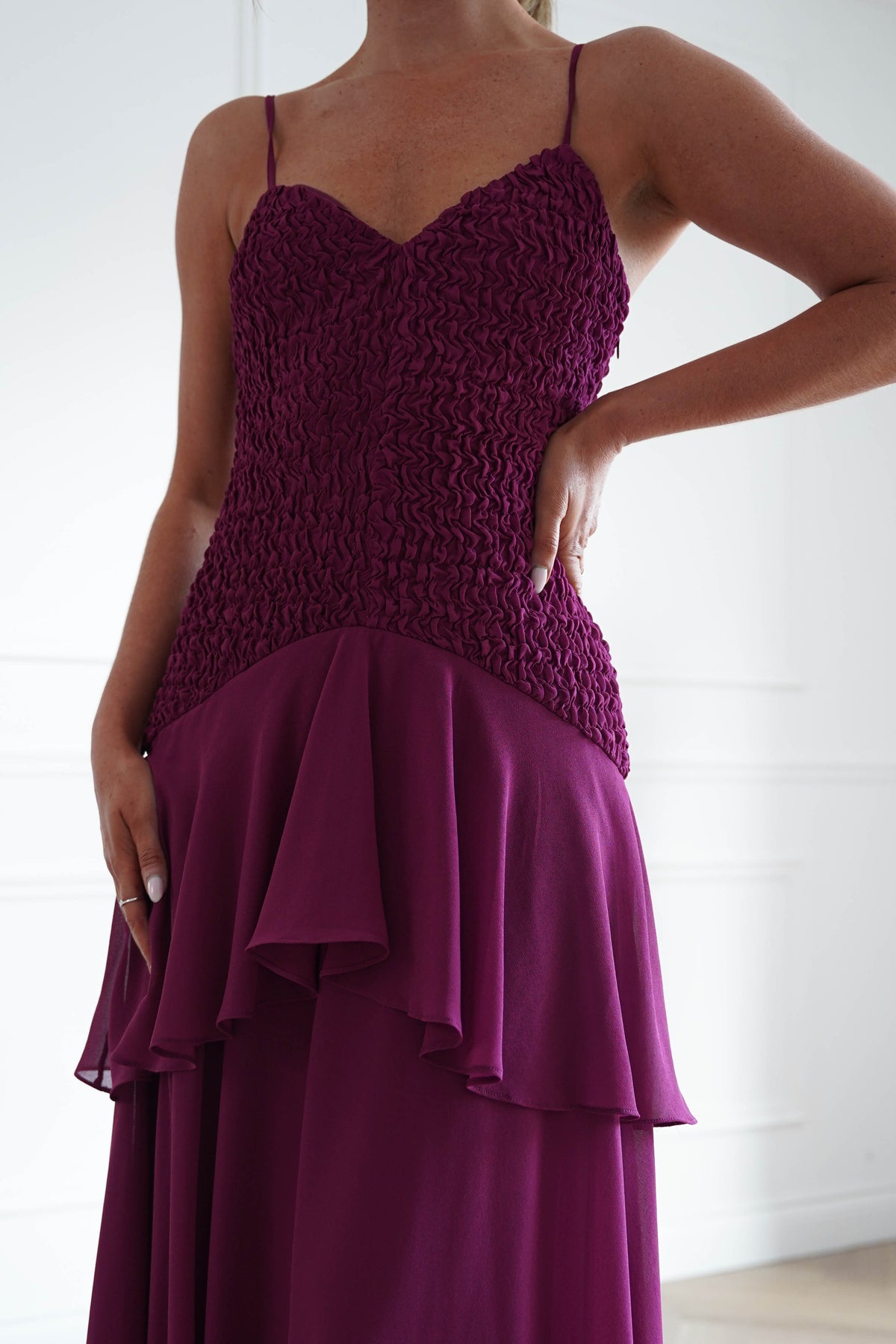 Oh Hello Clothing Women > Clothing > Dresses * MANIJU | MF23329 | Berry Textured Ruffle Maxi Dress