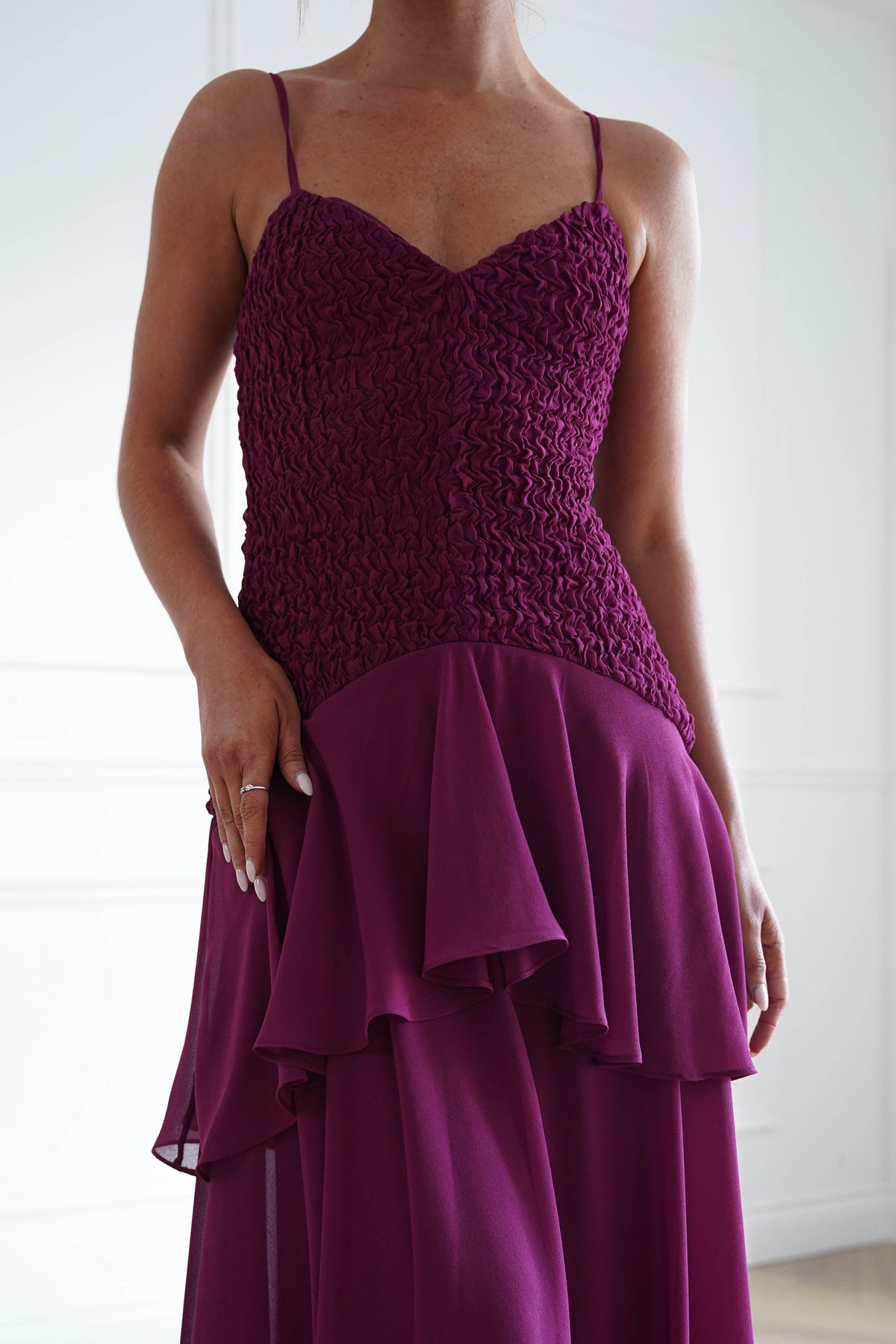 Oh Hello Clothing Women > Clothing > Dresses * MANIJU | MF23329 | Berry Textured Ruffle Maxi Dress