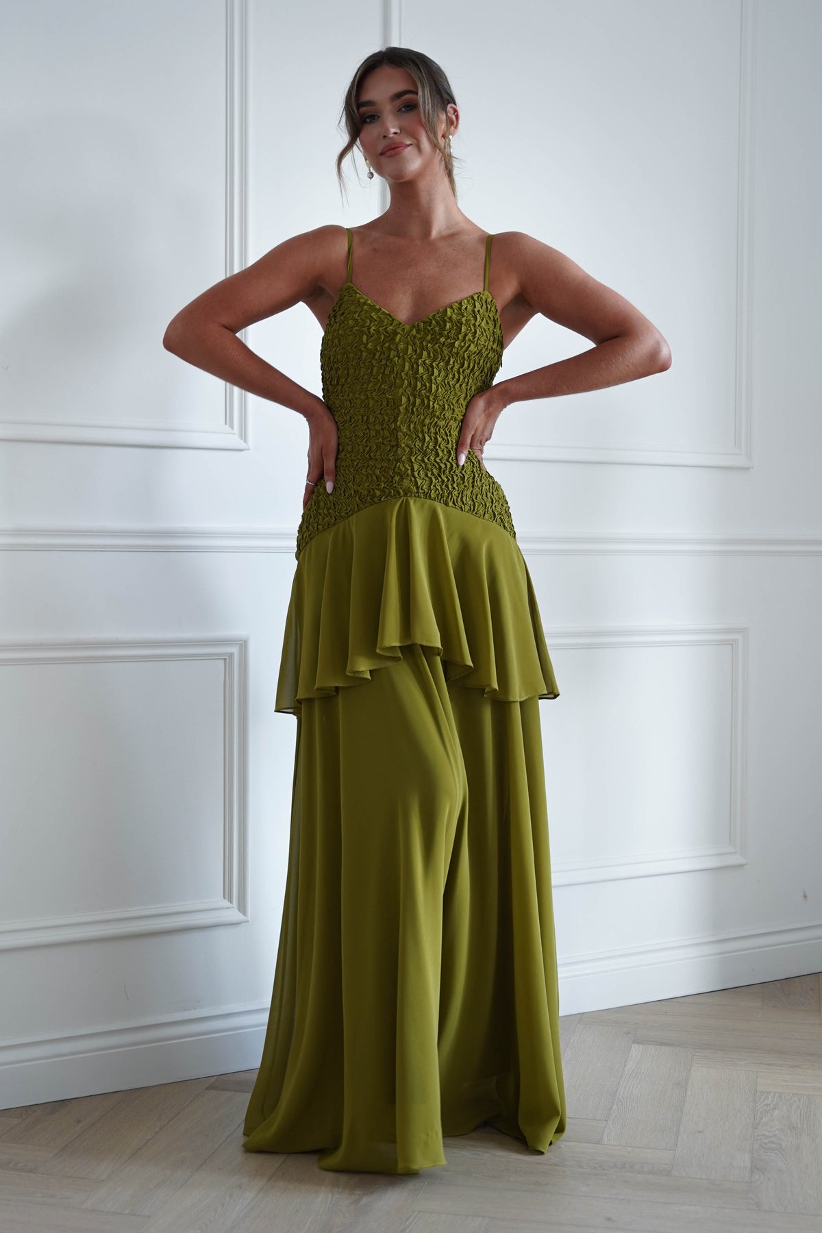 Oh Hello Clothing Women > Clothing > Dresses * MANIJU | MF23329 | Chartreuse Textured Ruffle Maxi Dress