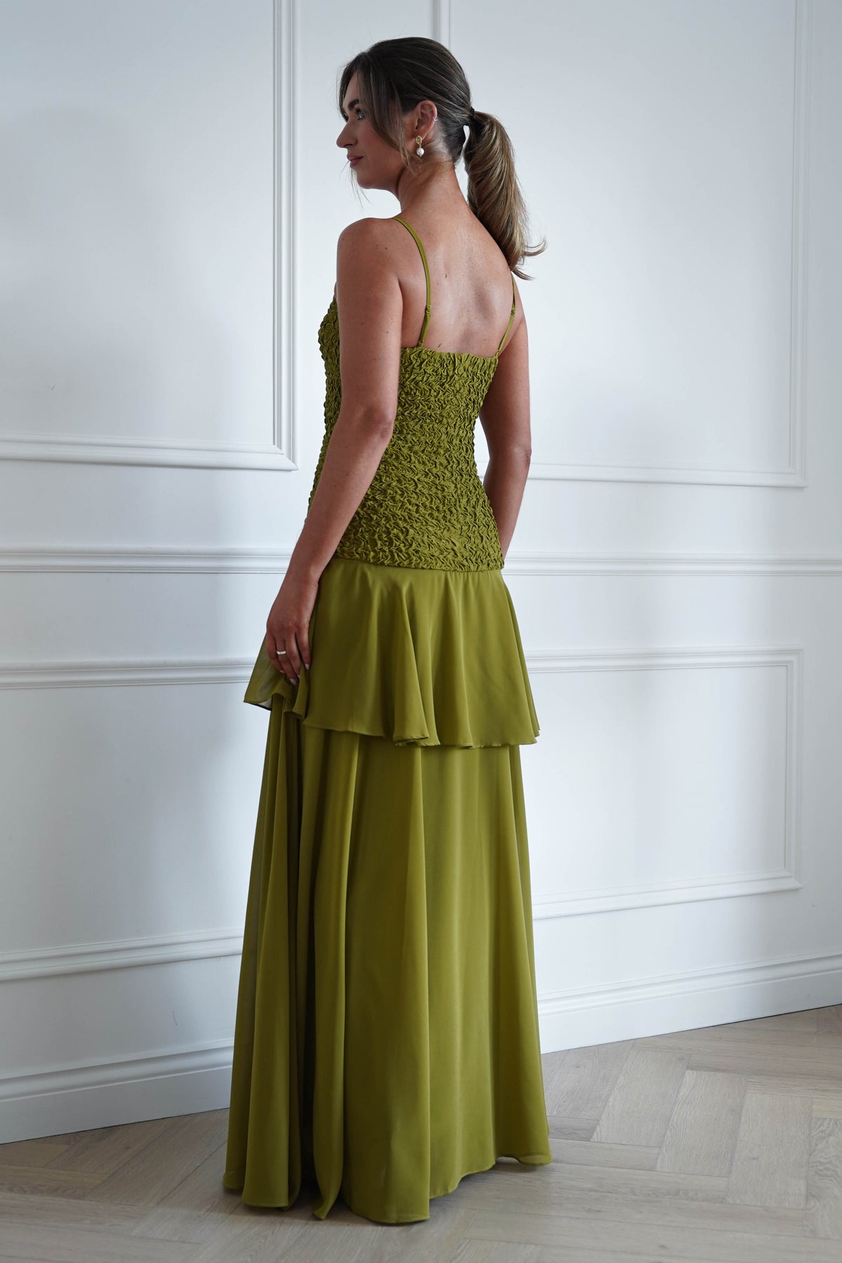 Oh Hello Clothing Women > Clothing > Dresses * MANIJU | MF23329 | Chartreuse Textured Ruffle Maxi Dress