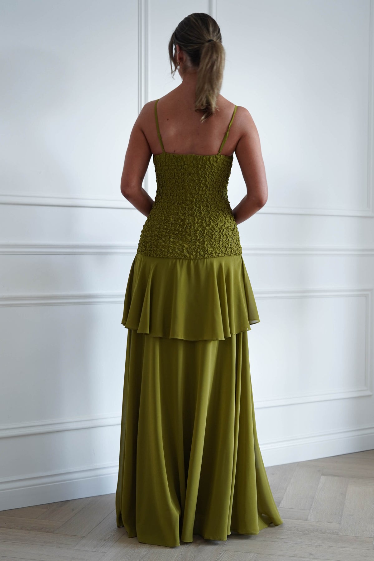 Oh Hello Clothing Women > Clothing > Dresses * MANIJU | MF23329 | Chartreuse Textured Ruffle Maxi Dress