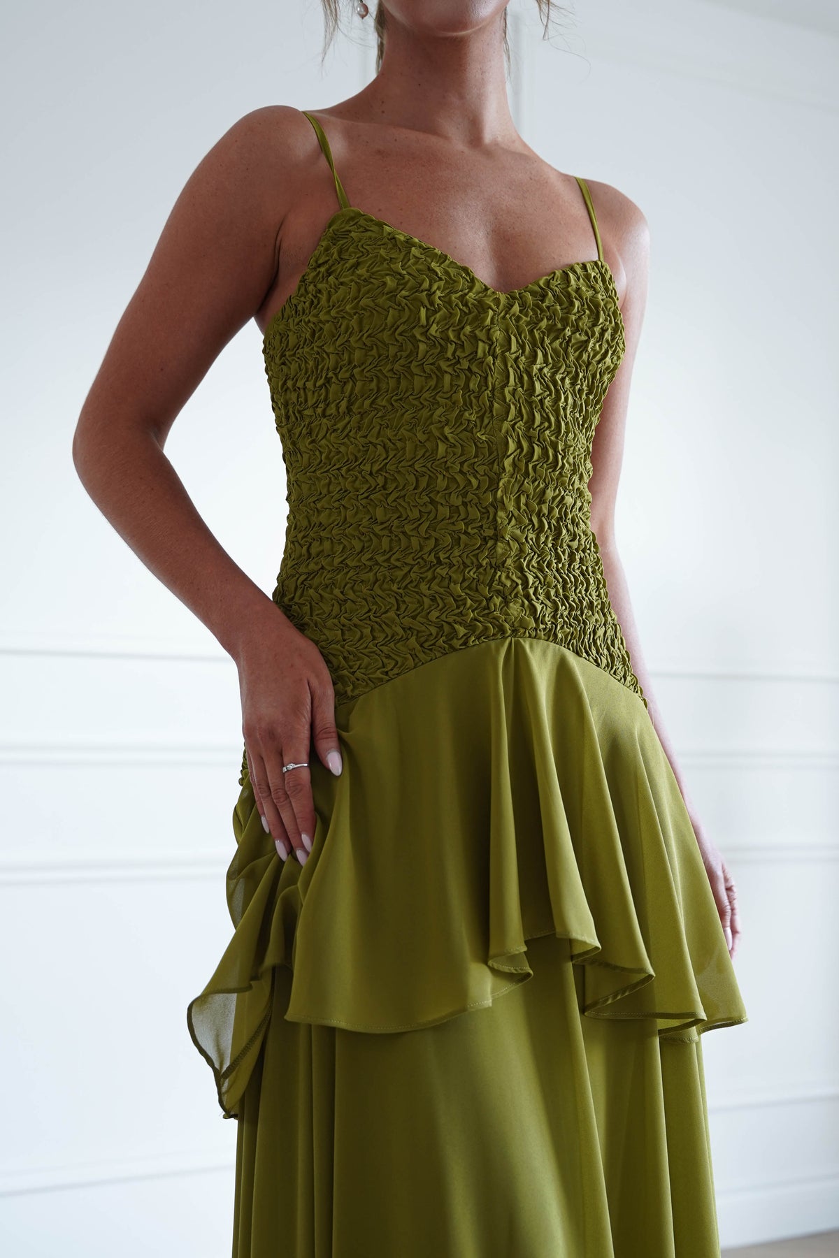 Oh Hello Clothing Women > Clothing > Dresses * MANIJU | MF23329 | Chartreuse Textured Ruffle Maxi Dress