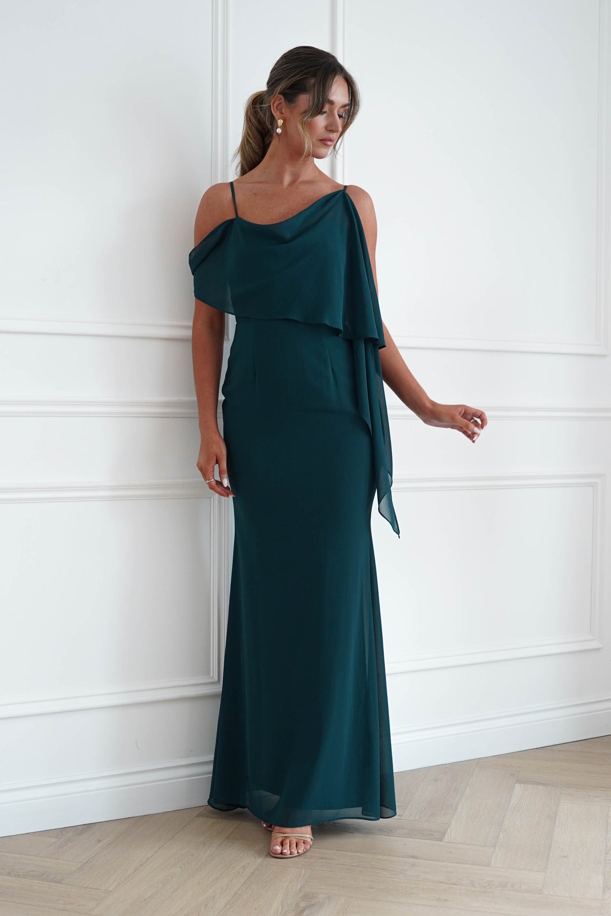 Oh Hello Clothing Women > Clothing > Dresses * MANIJU | MF23378 | Teal One Shoulder Chiffon Maxi Dress