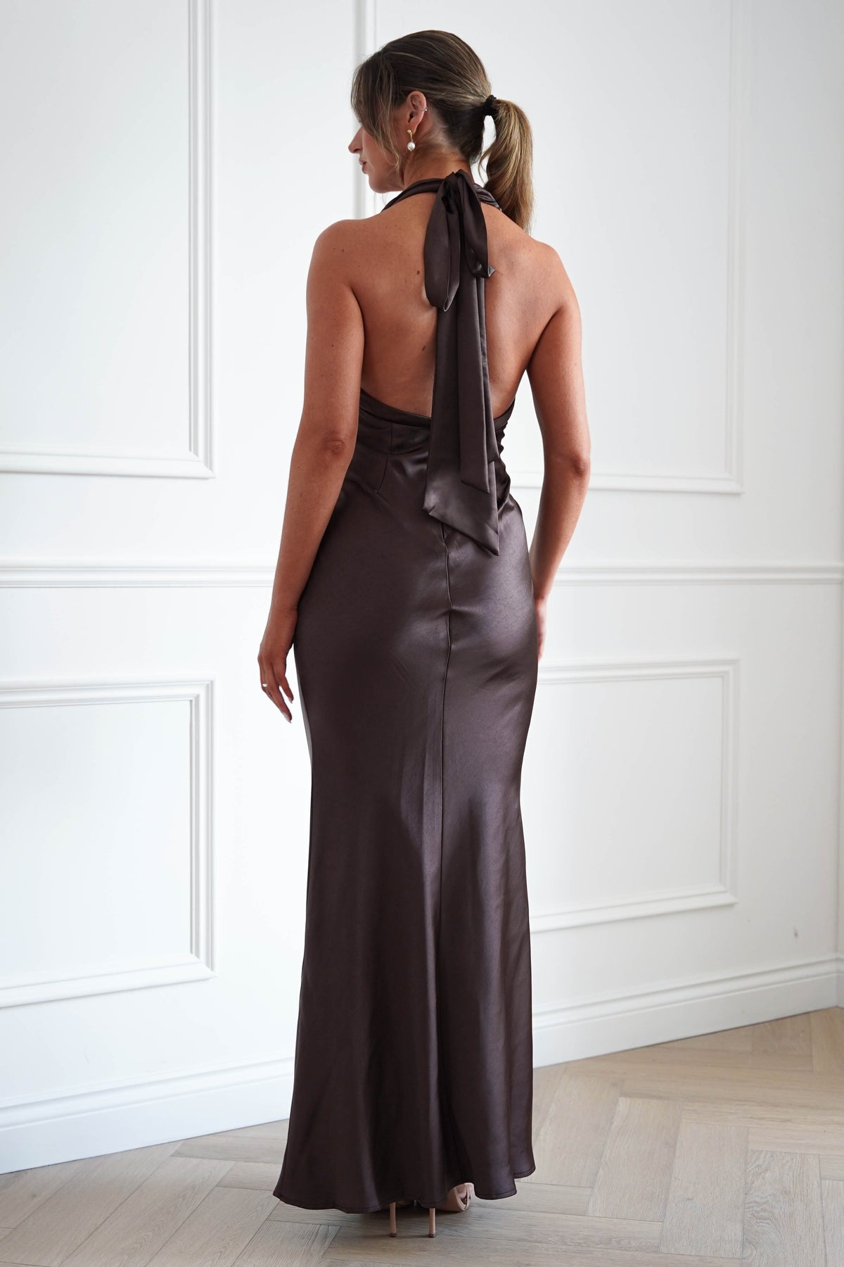 Oh Hello Clothing Women > Clothing > Dresses * MANIJU | MF25052 | Chocolate Plunge Neck Satin Maxi Dress