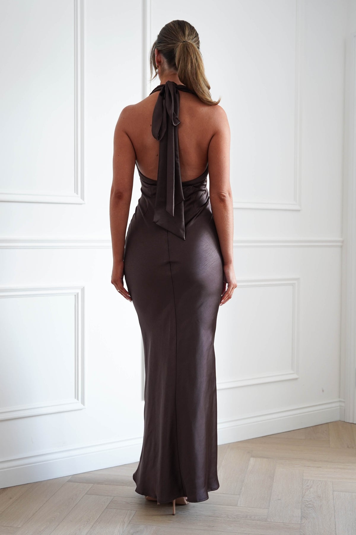 Oh Hello Clothing Women > Clothing > Dresses * MANIJU | MF25052 | Chocolate Plunge Neck Satin Maxi Dress