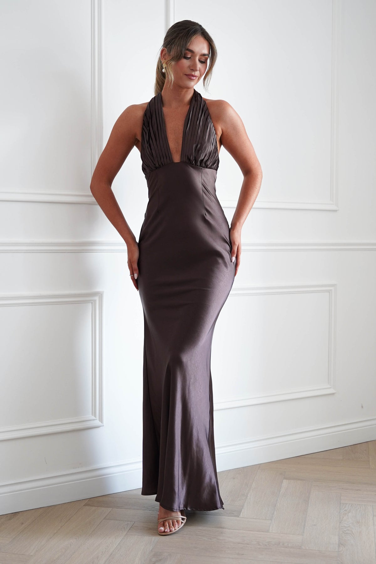 Oh Hello Clothing Women > Clothing > Dresses * MANIJU | MF25052 | Chocolate Plunge Neck Satin Maxi Dress
