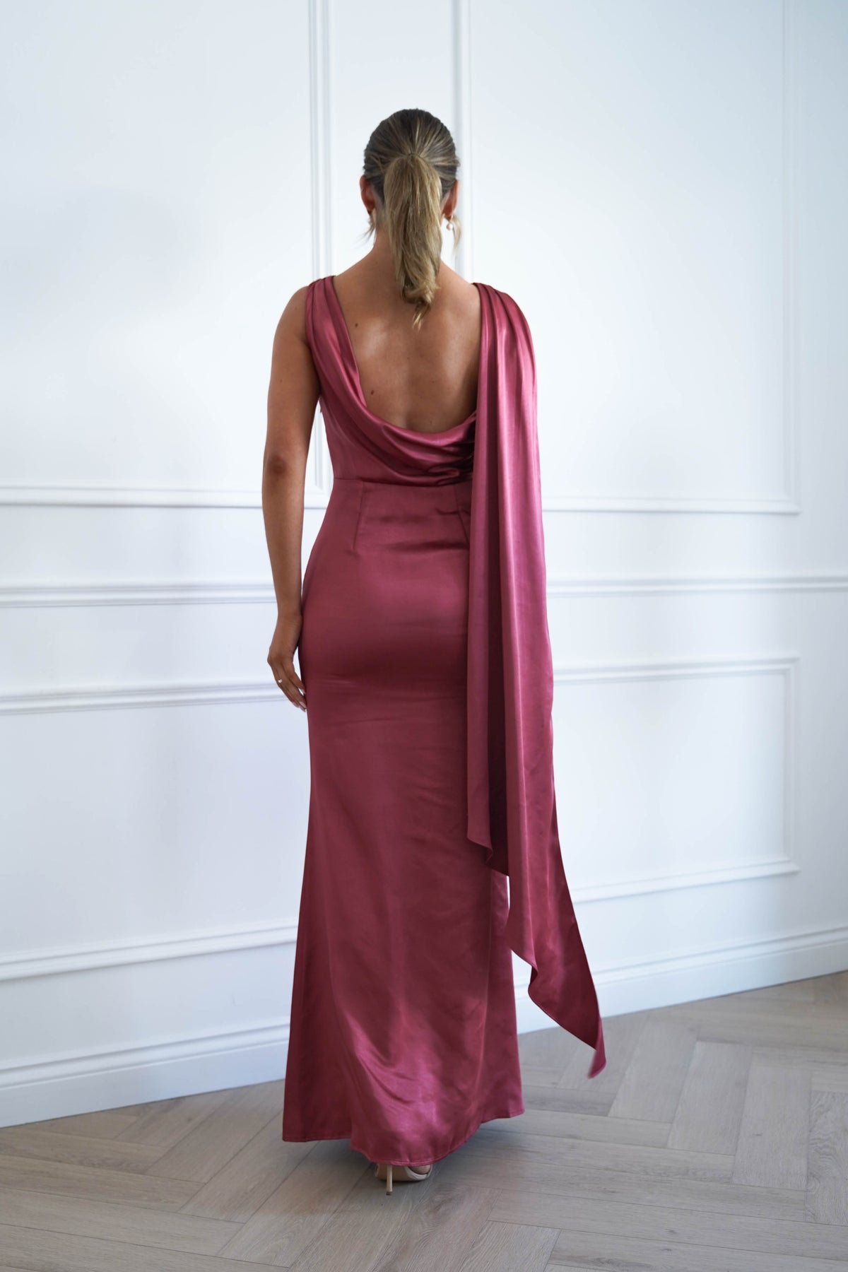 Oh Hello Clothing Women > Clothing > Dresses * MANIJU | MF25178 | MARSALA Satin Drape Maxi Dress