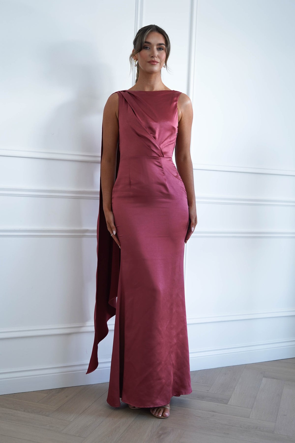 Oh Hello Clothing Women > Clothing > Dresses * MANIJU | MF25178 | MARSALA Satin Drape Maxi Dress
