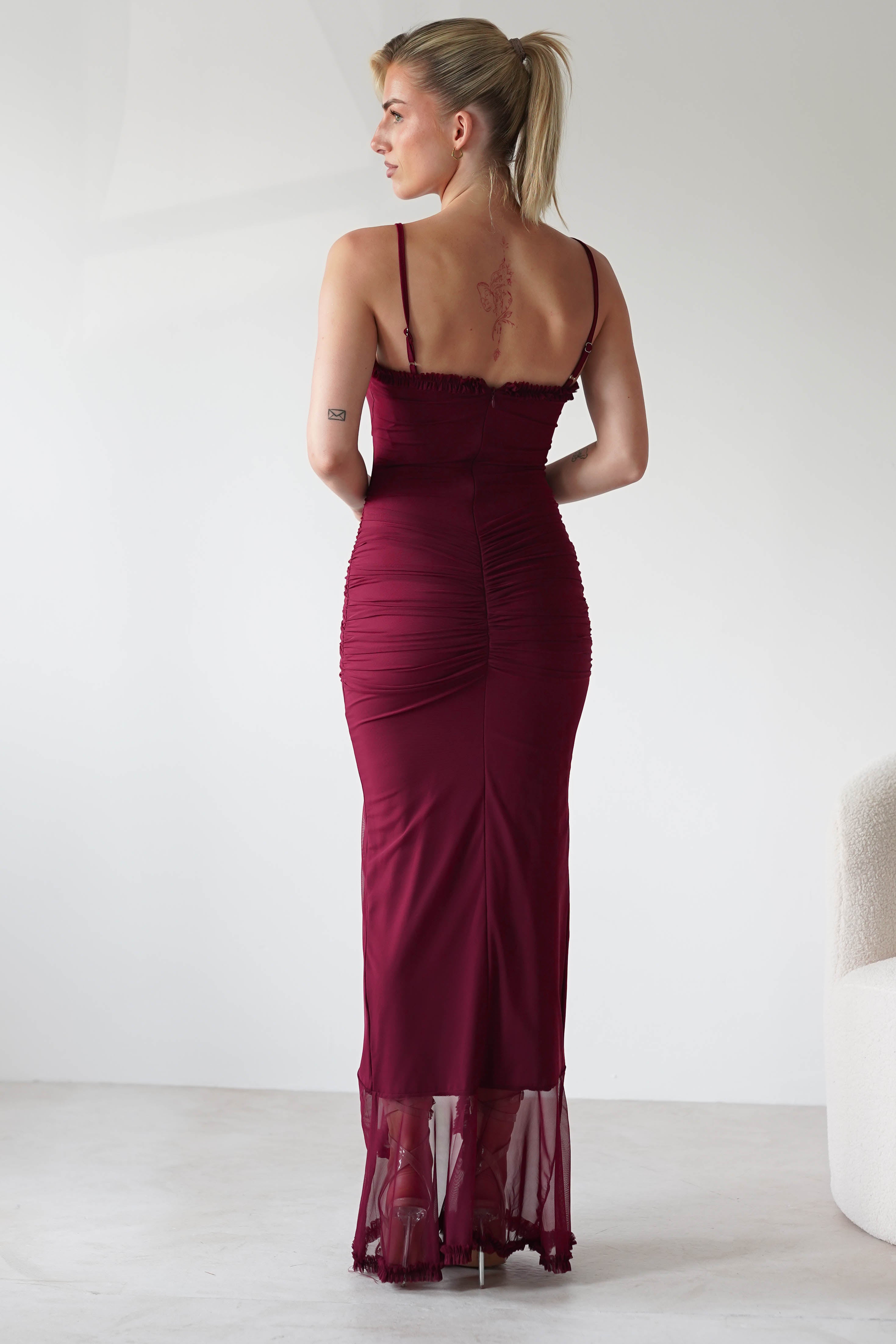 Manuella Mesh Bodycon Midaxi Dress Burgundy | Wedding Guest Dress | Bodycon | Mesh | Oh Hello Clothing