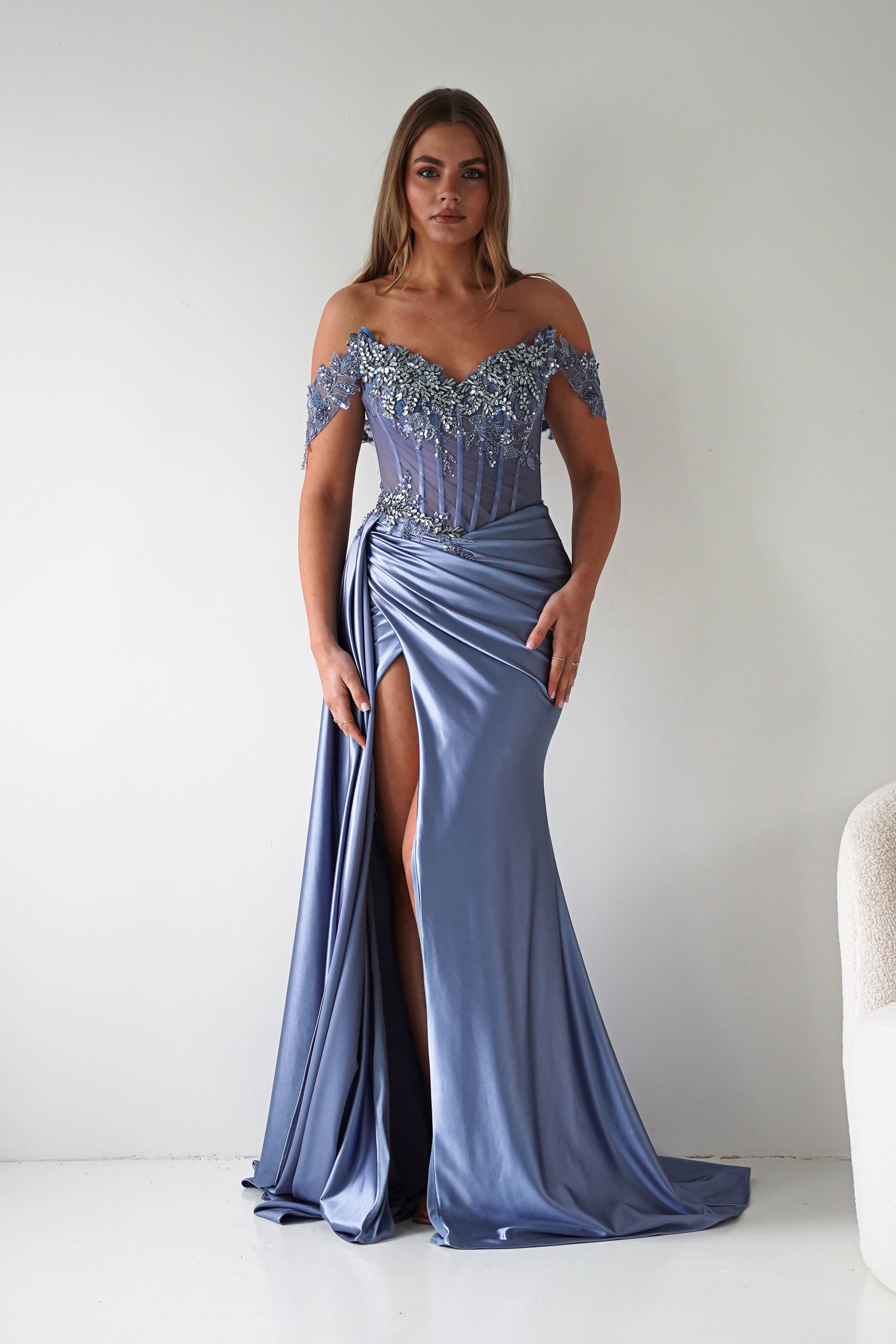 Oh Hello Clothing Women > Clothing > Dresses Margot Embellished Bodice Gown | Dusty Blue