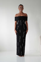 Oh Hello Clothing Dresses 1*DONE - F&P -605581- black off-shoulder midi dress with embellishment only on the front