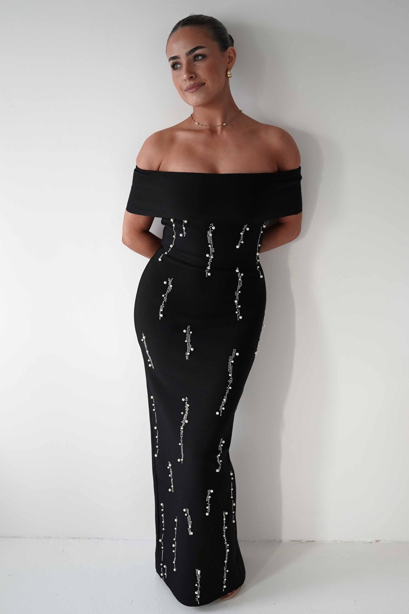Oh Hello Clothing Dresses 1*DONE - F&P -605581- black off-shoulder midi dress with embellishment only on the front