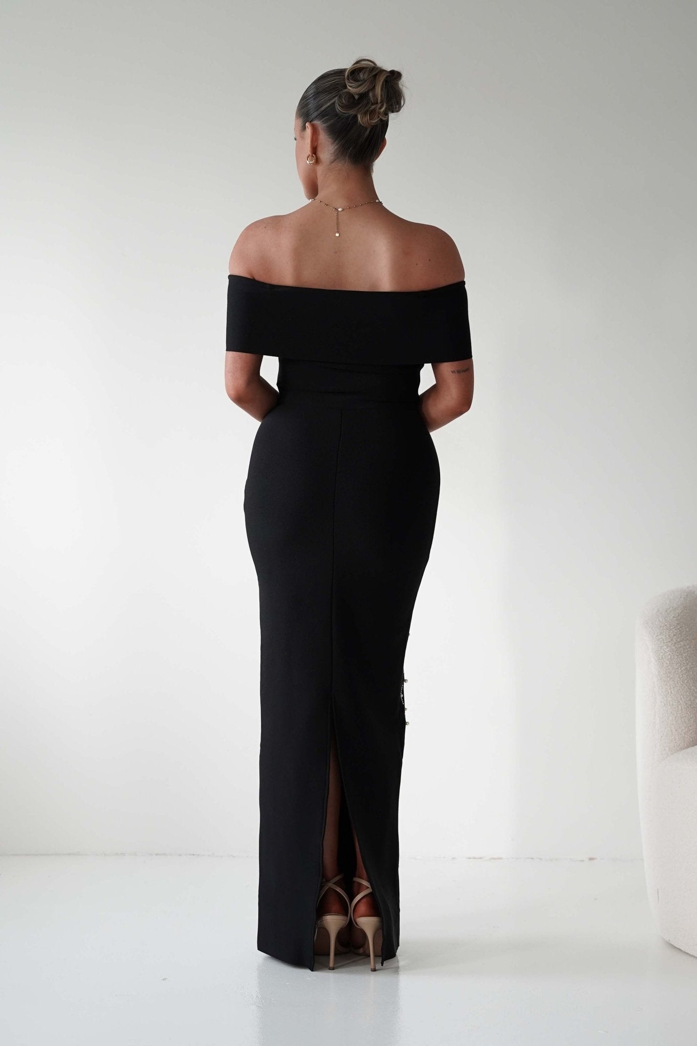 Oh Hello Clothing Dresses 1*DONE - F&P -605581- black off-shoulder midi dress with embellishment only on the front