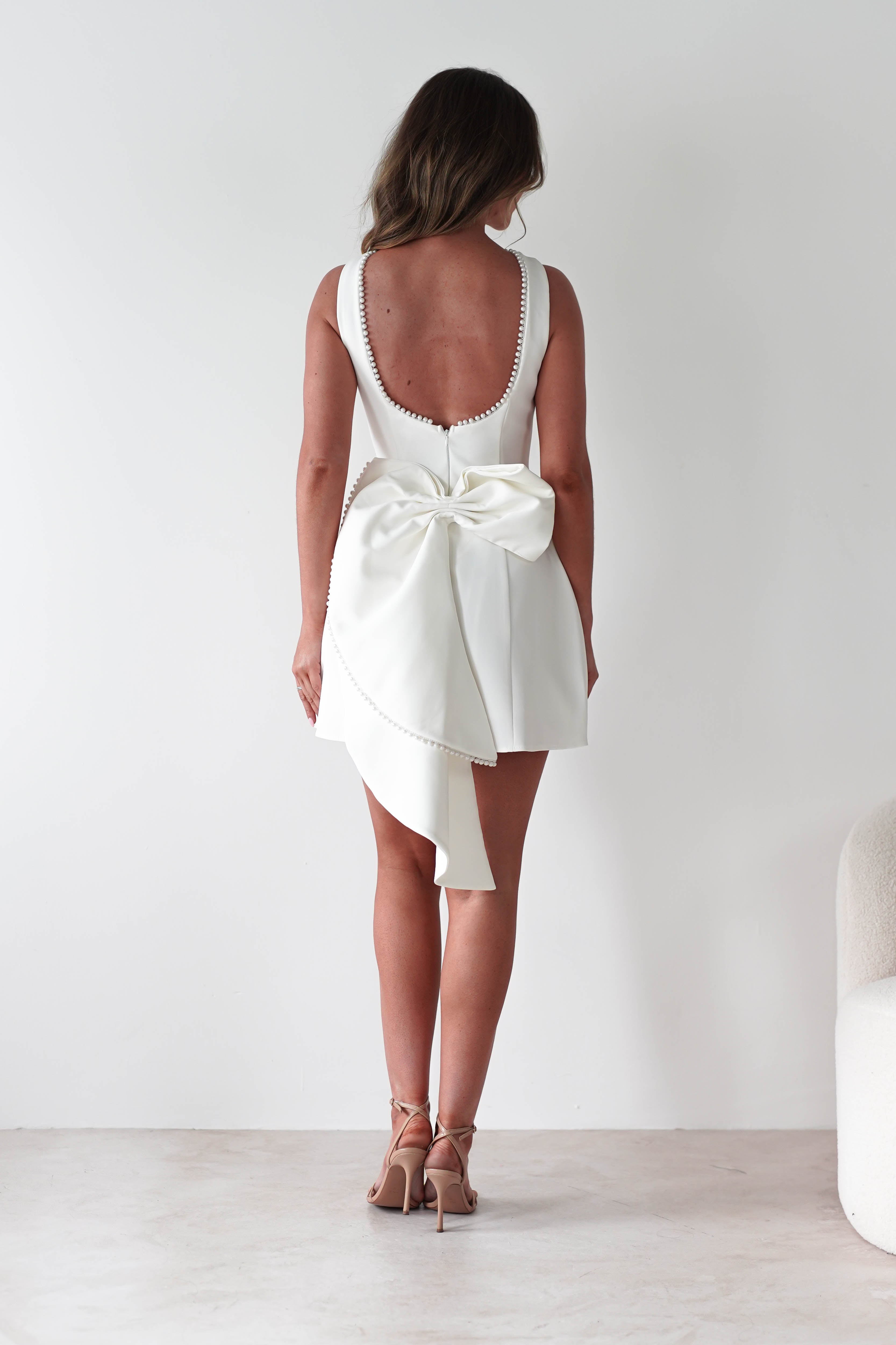 Maria Pearl Bow Detail Mini Dress | White | Graduation | Bride To Be Hen Dress | Oh Hello Clothing