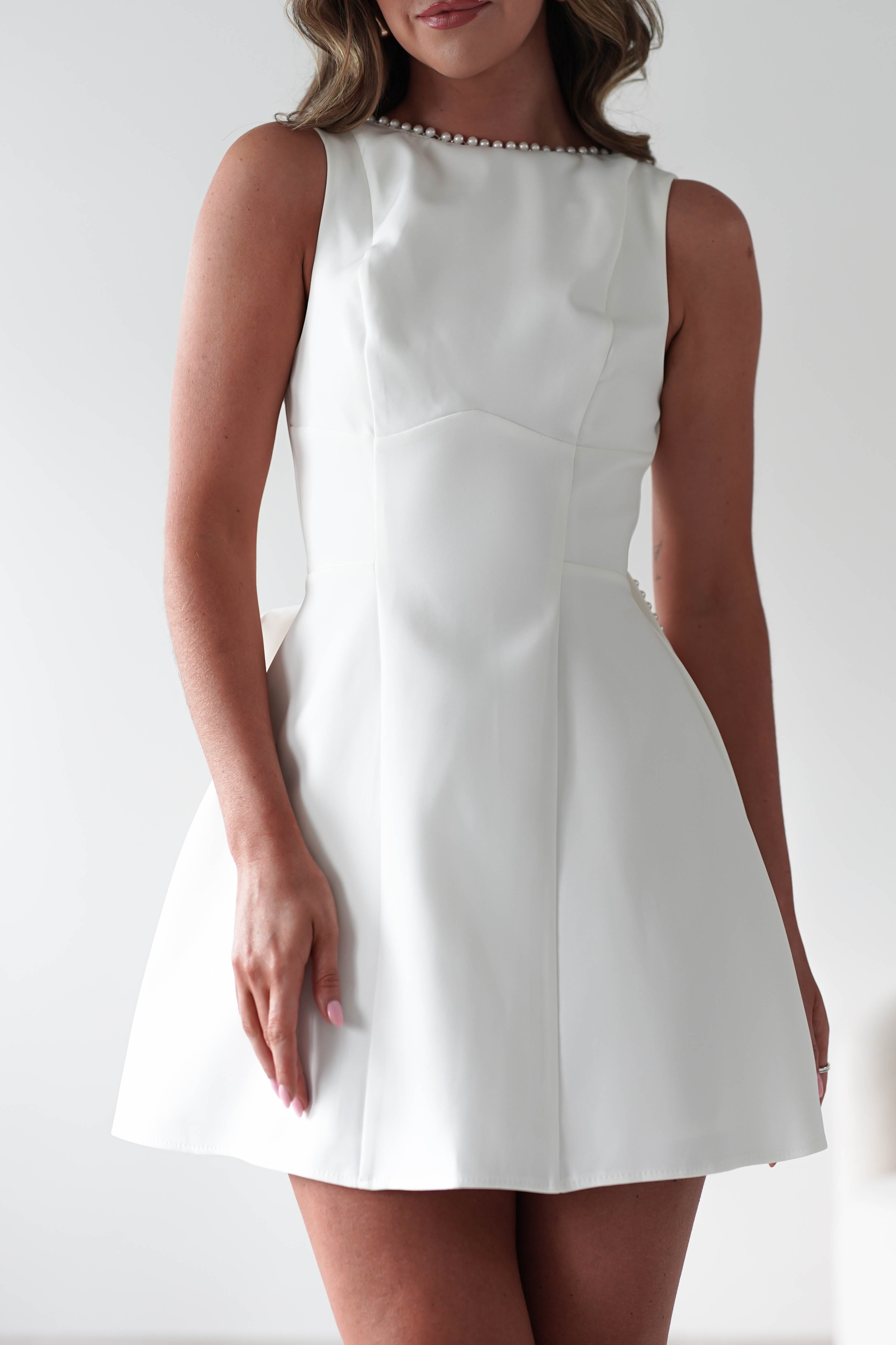 Maria Pearl Bow Detail Mini Dress | White | Graduation | Bride To Be Hen Dress | Oh Hello Clothing