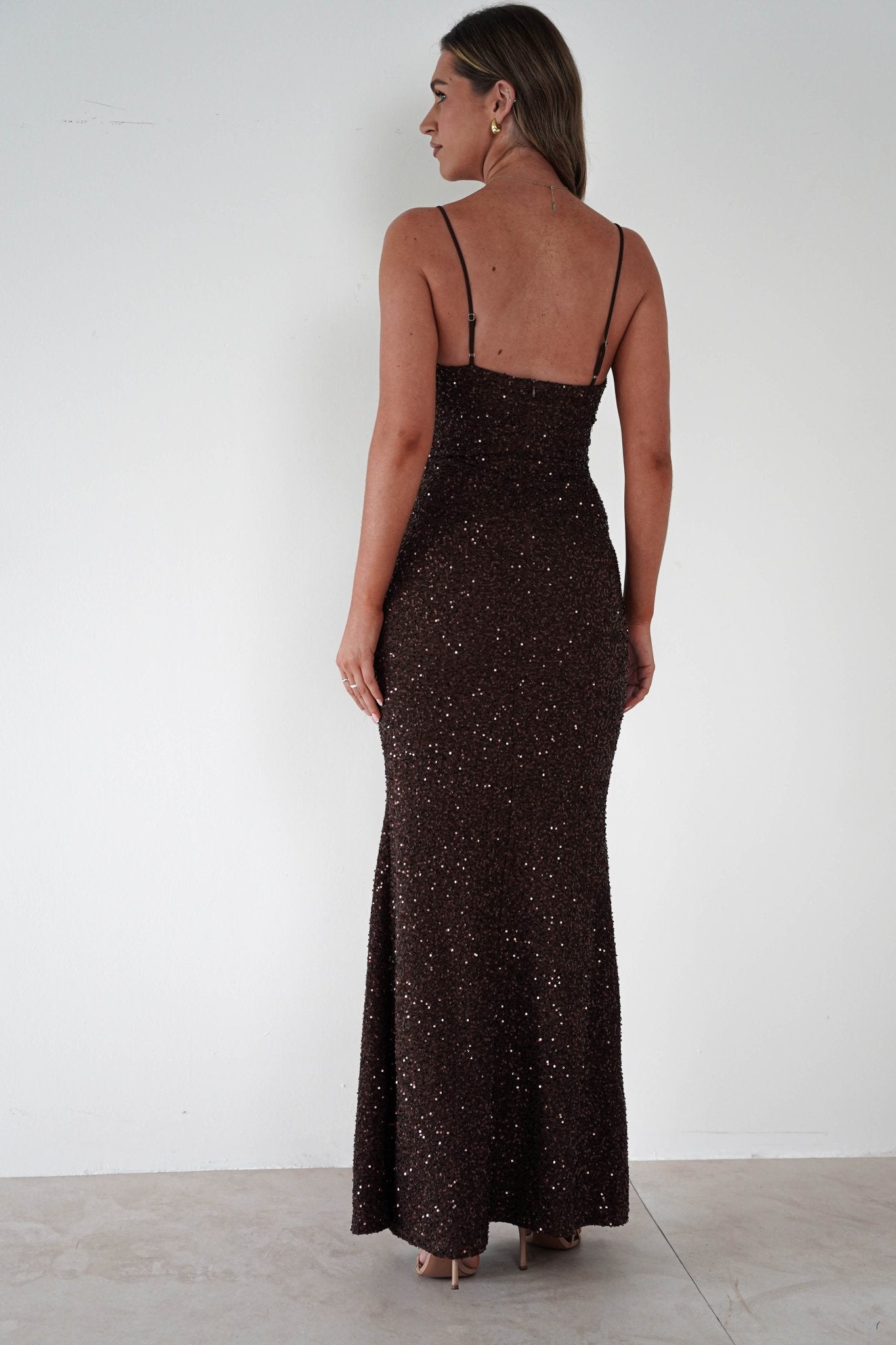 Maria Sequin Bodycon Maxi Gown | Brown | Debs & Prom | Formal Gown | Oh Hello Clothing