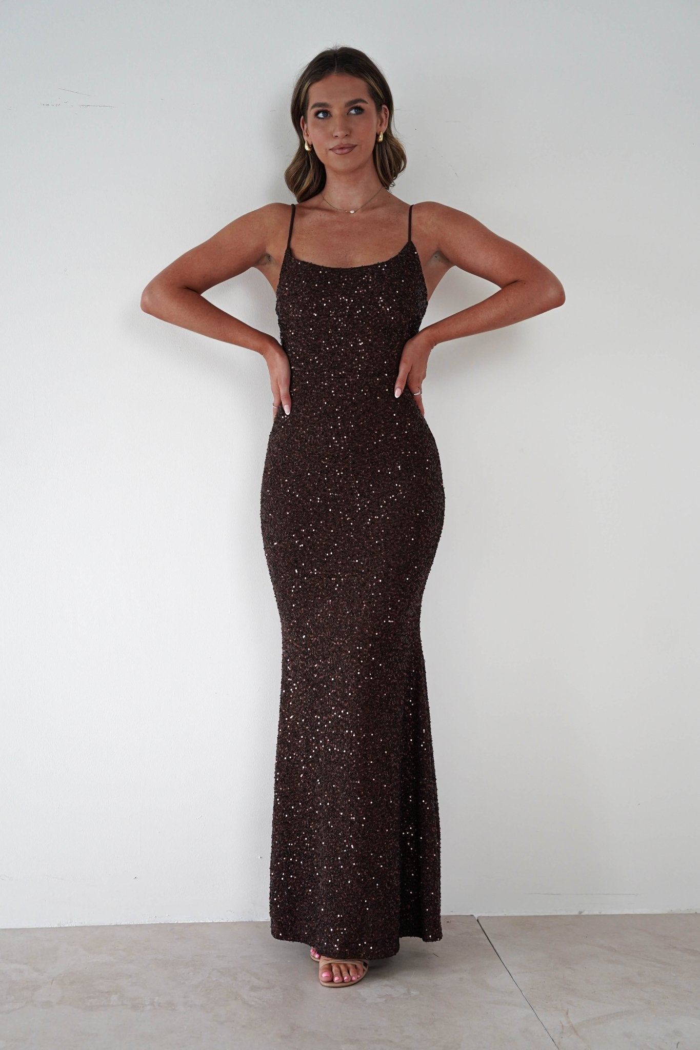 Maria Sequin Bodycon Maxi Gown | Brown | Debs & Prom | Formal Gown | Oh Hello Clothing