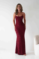 Maria Sequin Bodycon Maxi Gown | Dark Red | Debs & Prom | Formal Gown | Oh Hello Clothing