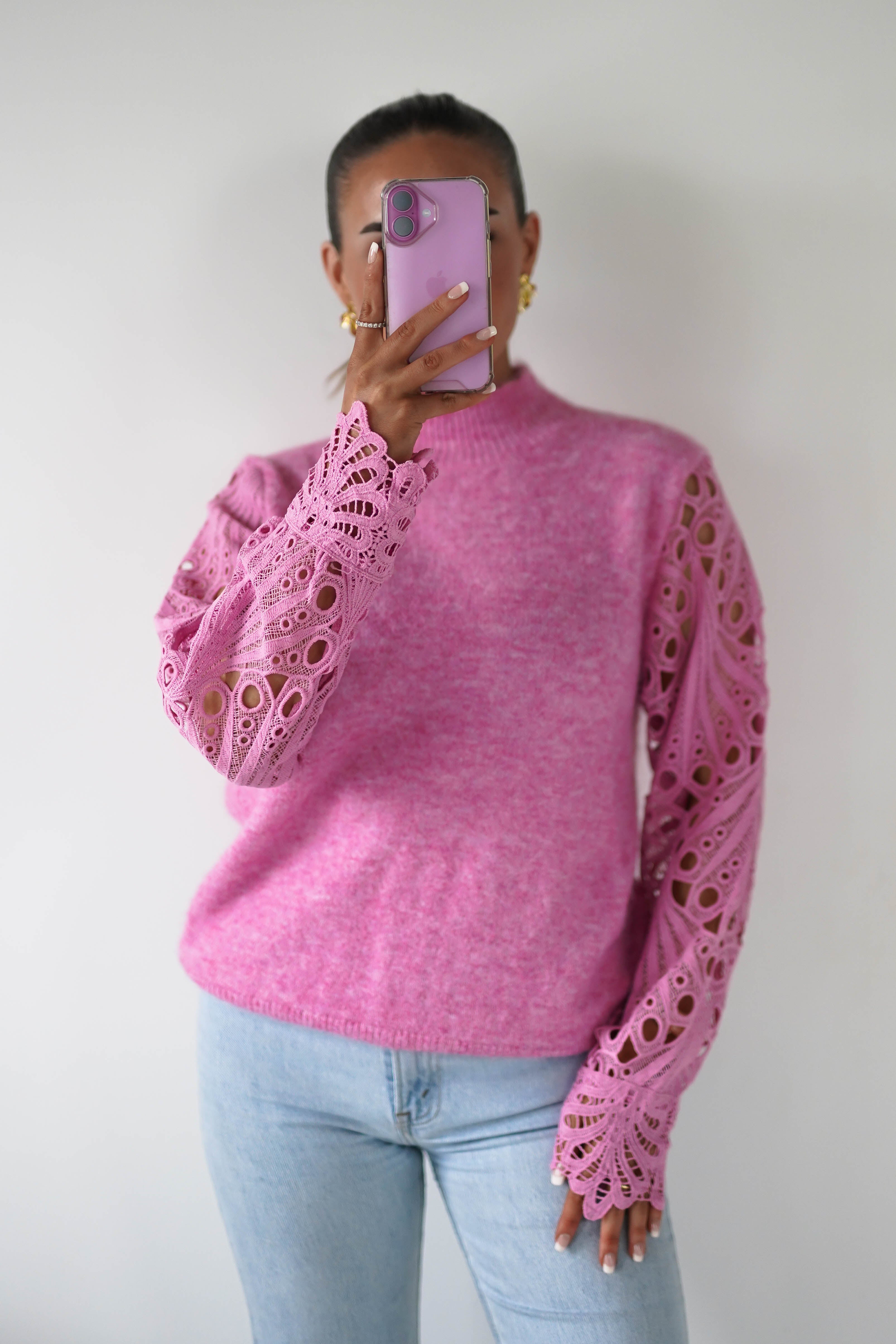 Oh Hello Clothing Women > Clothing > Knitwear ONE SIZE (6/12) Marie Lace Sleeve Knit Jumper | Pink