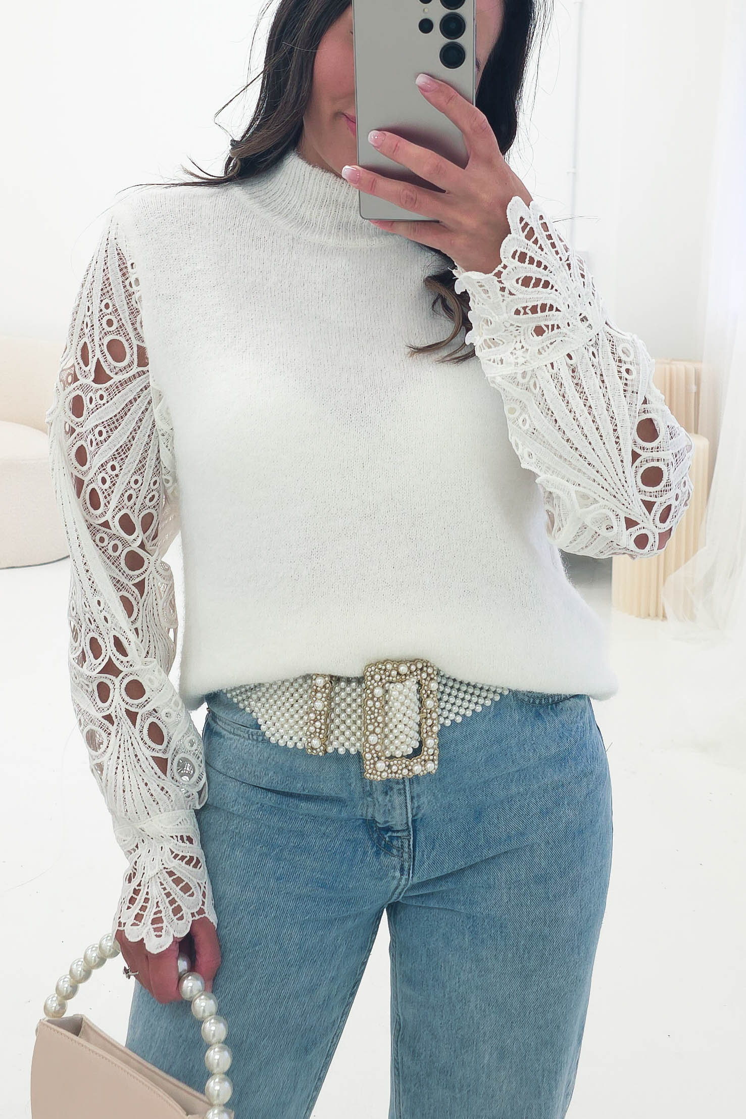 Oh Hello Clothing Women > Clothing > Knitwear ONE SIZE (6/12) Marie Lace Sleeve Knit Jumper | White