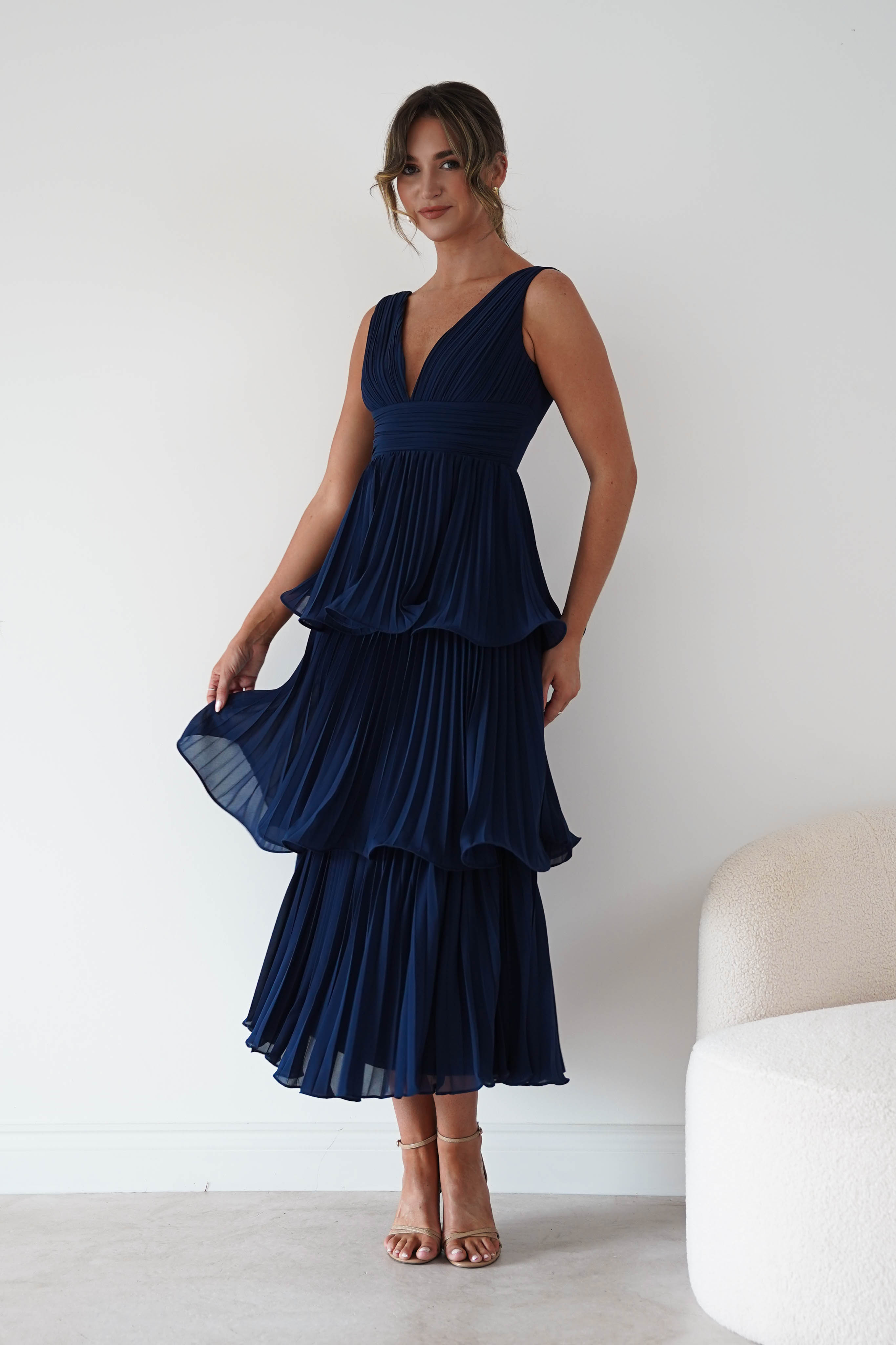 Oh Hello Clothing Women > Clothing > Dresses Marielle Pleated Tiered Midi Dress | Navy Blue