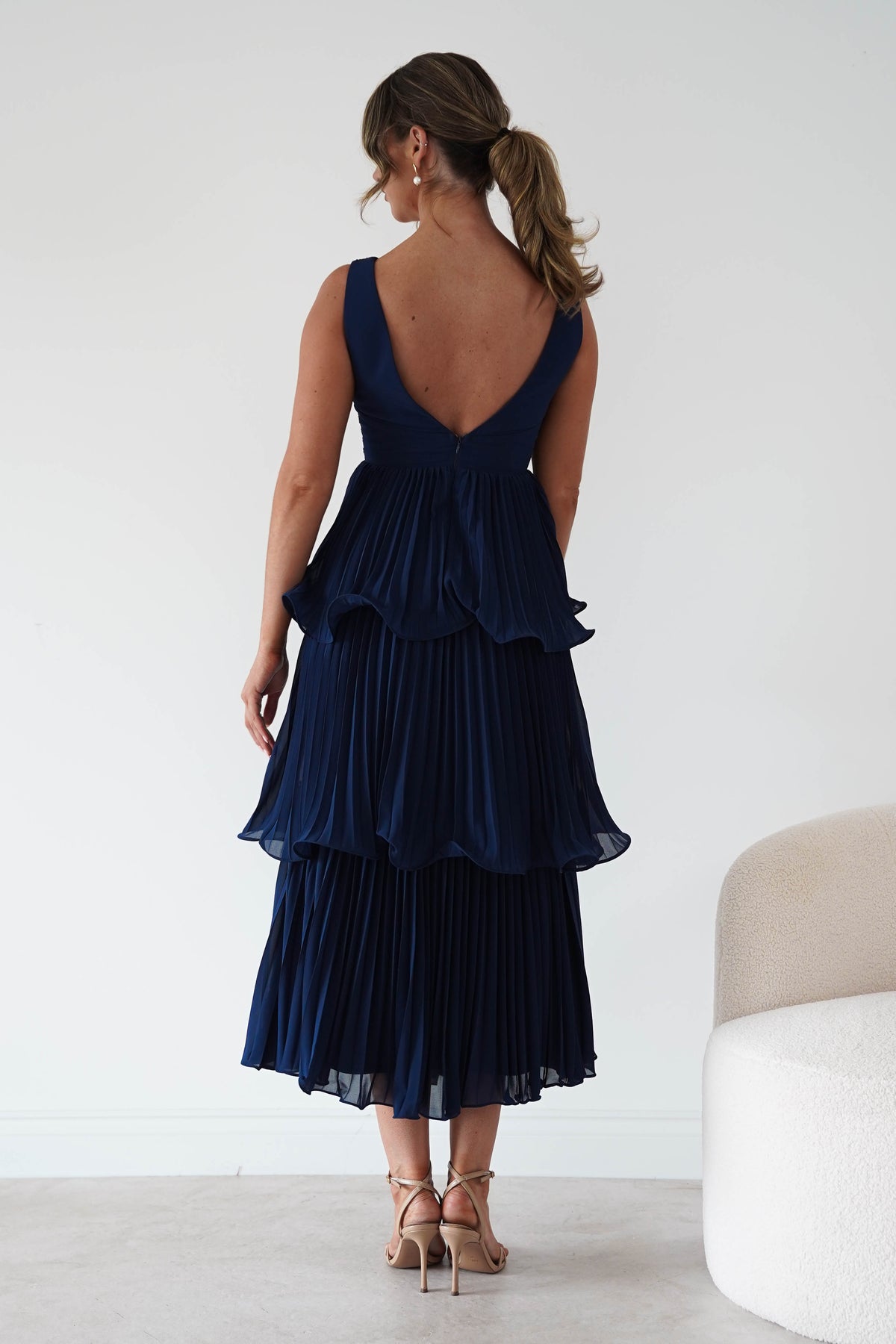 Oh Hello Clothing Women > Clothing > Dresses Marielle Pleated Tiered Midi Dress | Navy Blue