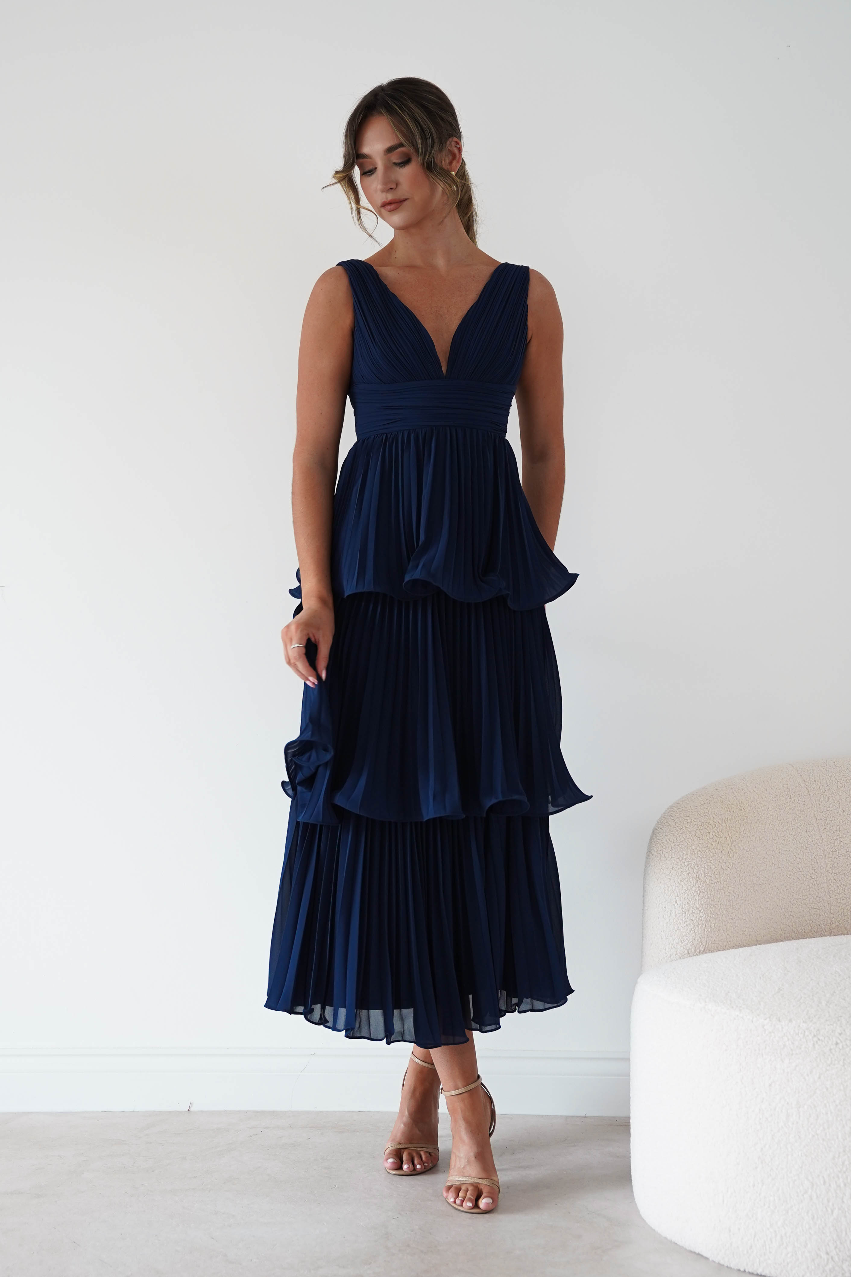 Oh Hello Clothing Women > Clothing > Dresses Marielle Pleated Tiered Midi Dress | Navy Blue