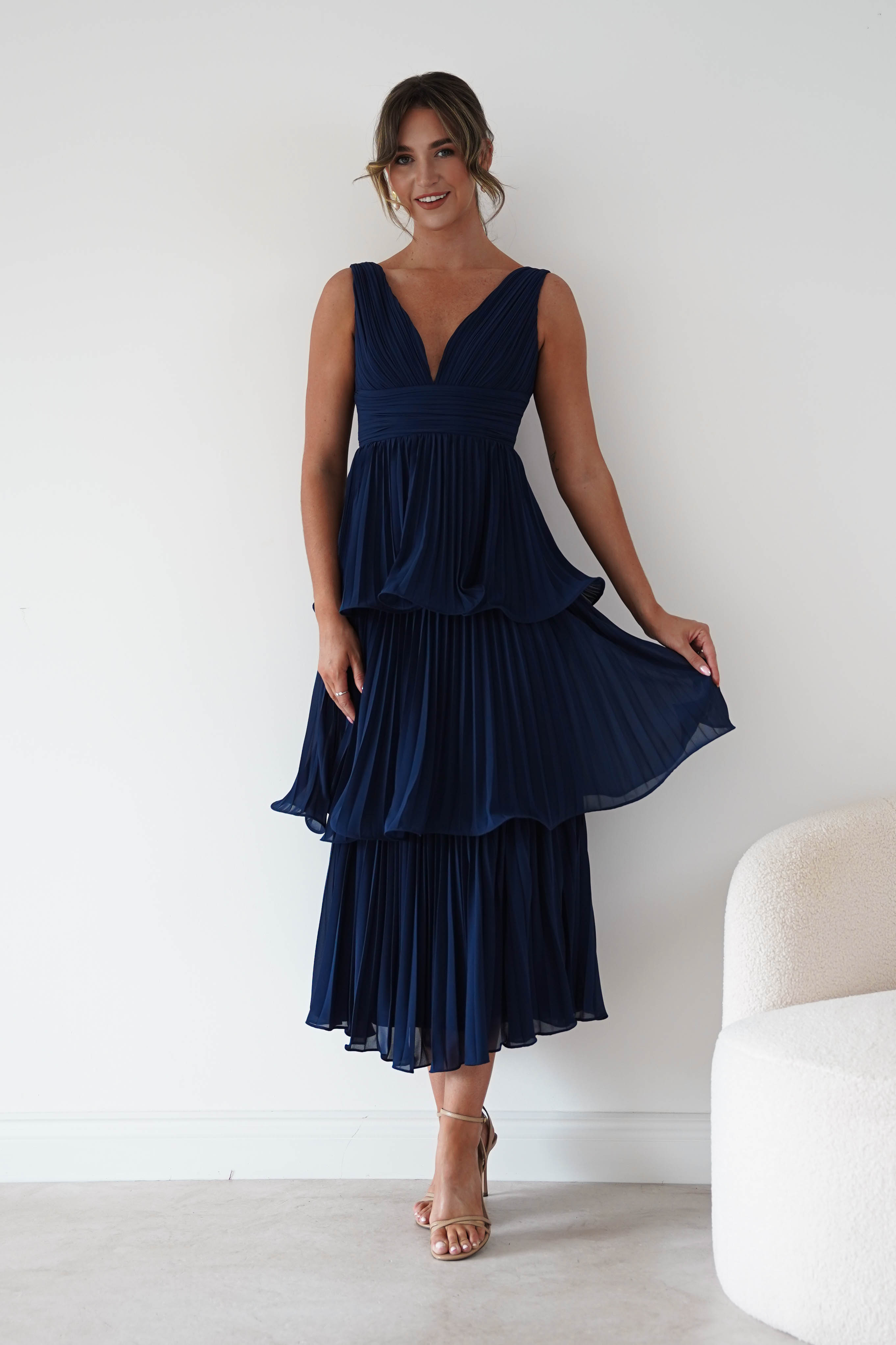 Oh Hello Clothing Women > Clothing > Dresses Marielle Pleated Tiered Midi Dress | Navy Blue
