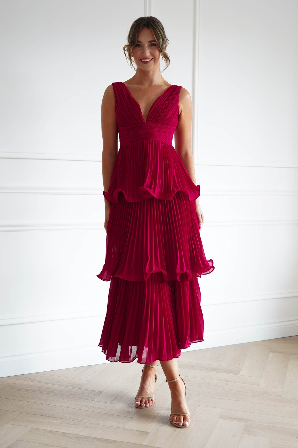 Oh Hello Clothing Women > Clothing > Dresses Marielle Pleated Tiered Midi Dress | Red