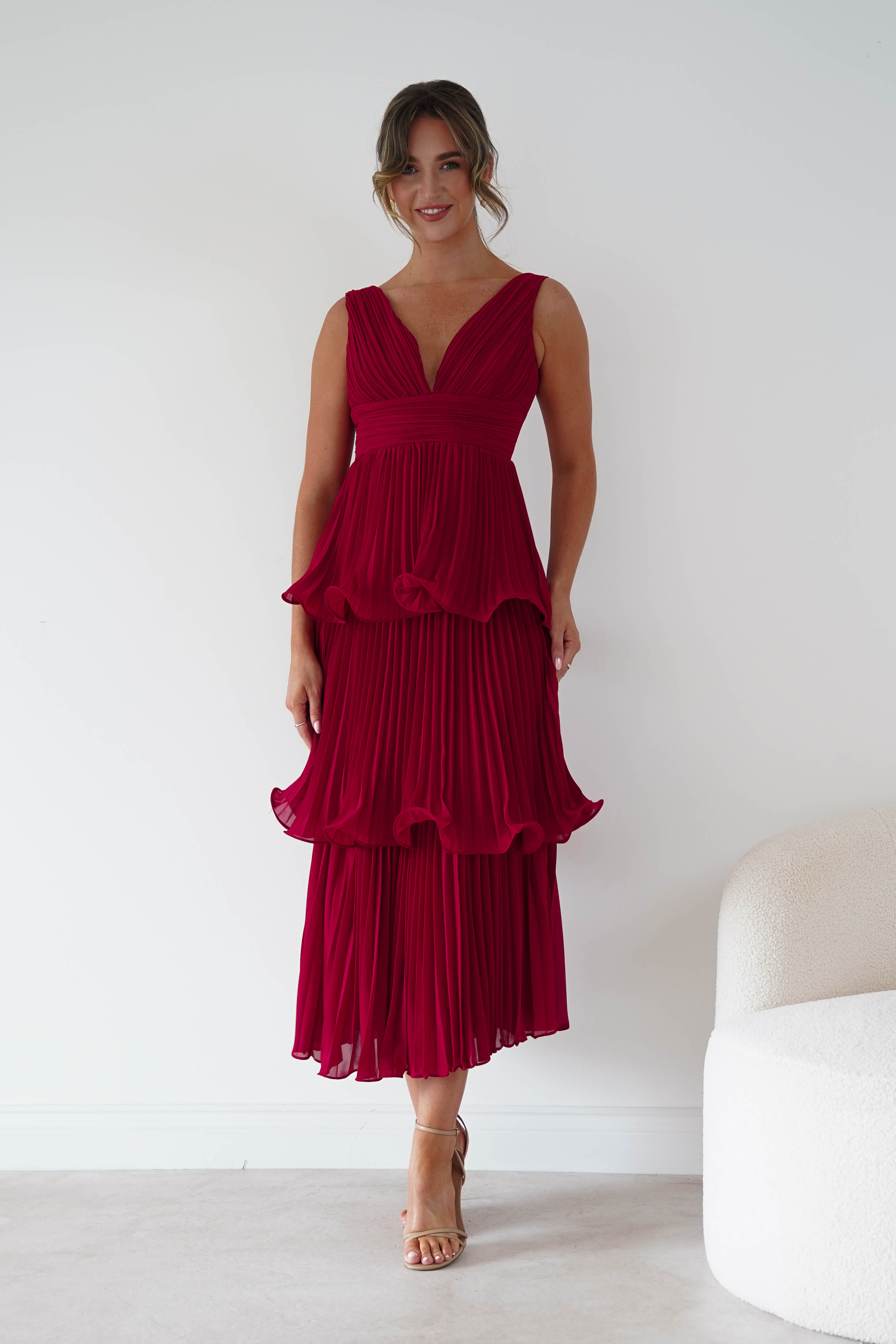 Oh Hello Clothing Women > Clothing > Dresses Marielle Pleated Tiered Midi Dress | Red