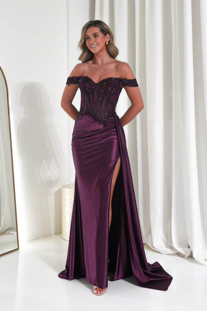 Oh Hello Clothing Women > Clothing > Dresses Marsela Lace Bodice Gown | Eggplant