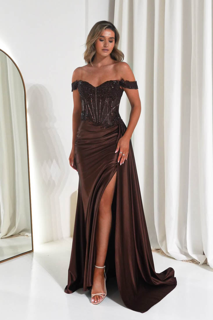 Oh Hello Clothing Women > Clothing > Dresses Marsela Lace Bodice Gown | Espresso Brown