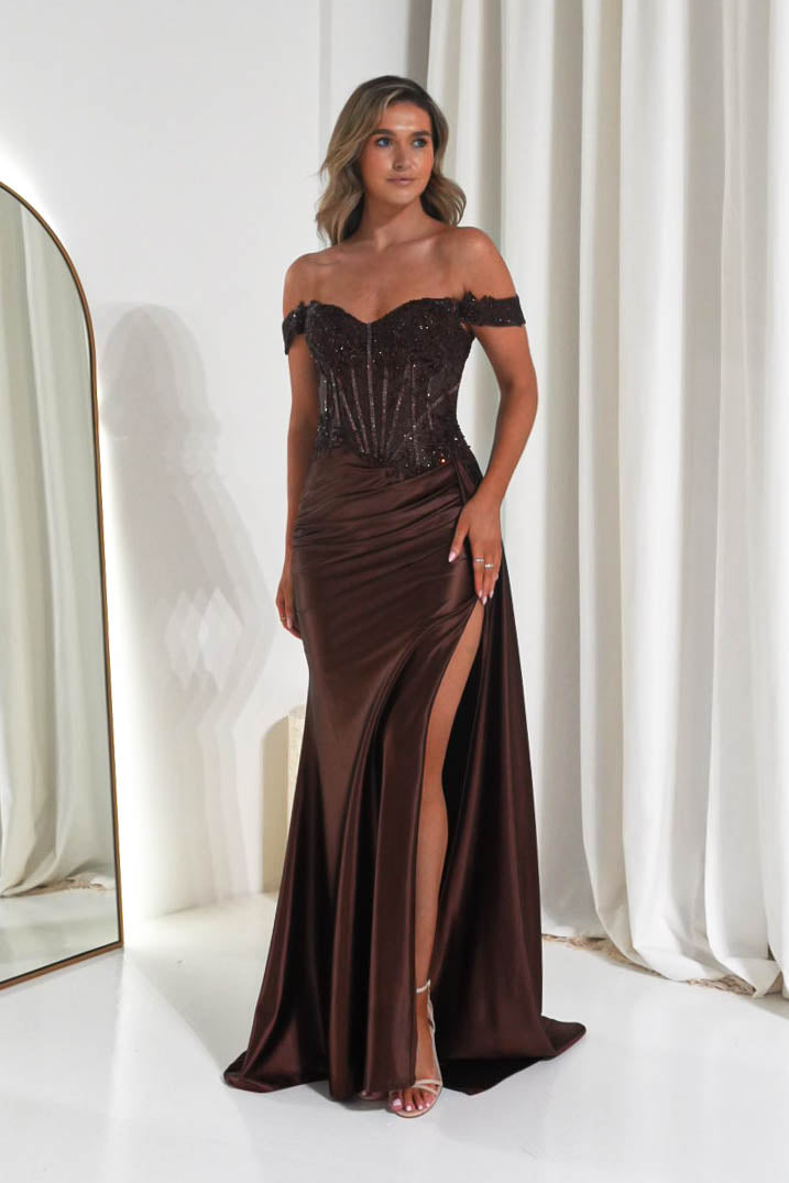 Oh Hello Clothing Women > Clothing > Dresses Marsela Lace Bodice Gown | Espresso Brown