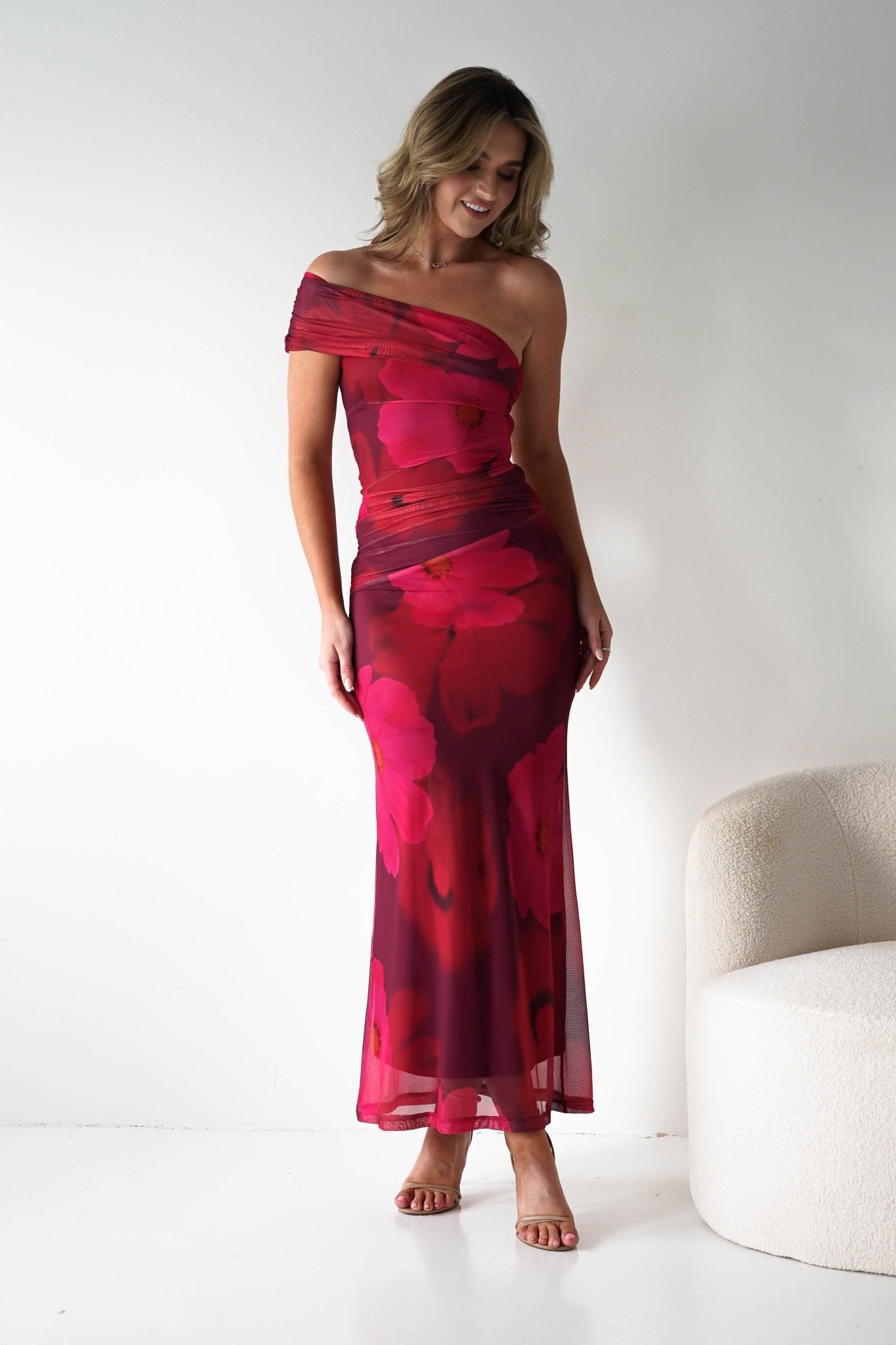 Mayflower Mesh Bodycon Midaxi Dress | Red/Pink | Wedding Guest | Graduation | Oh Hello Clothing