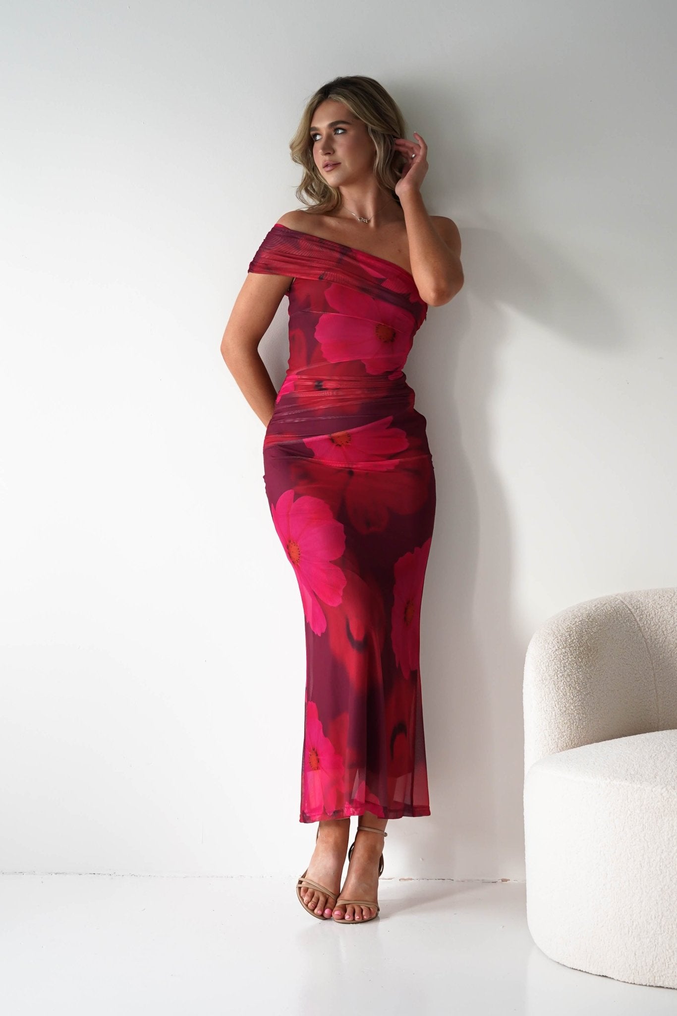 Mayflower Mesh Bodycon Midaxi Dress | Red/Pink | Wedding Guest | Graduation | Oh Hello Clothing