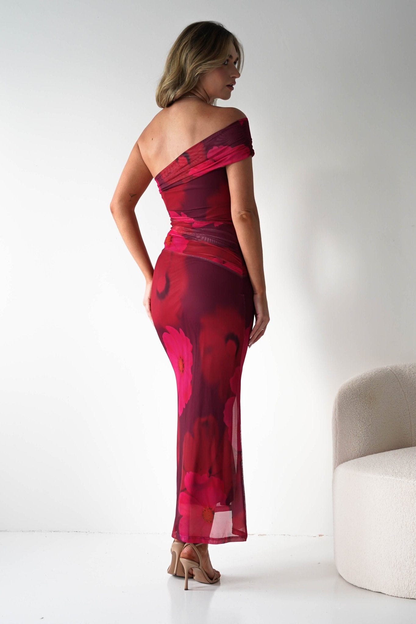 Mayflower Mesh Bodycon Midaxi Dress | Red/Pink | Wedding Guest | Graduation | Oh Hello Clothing