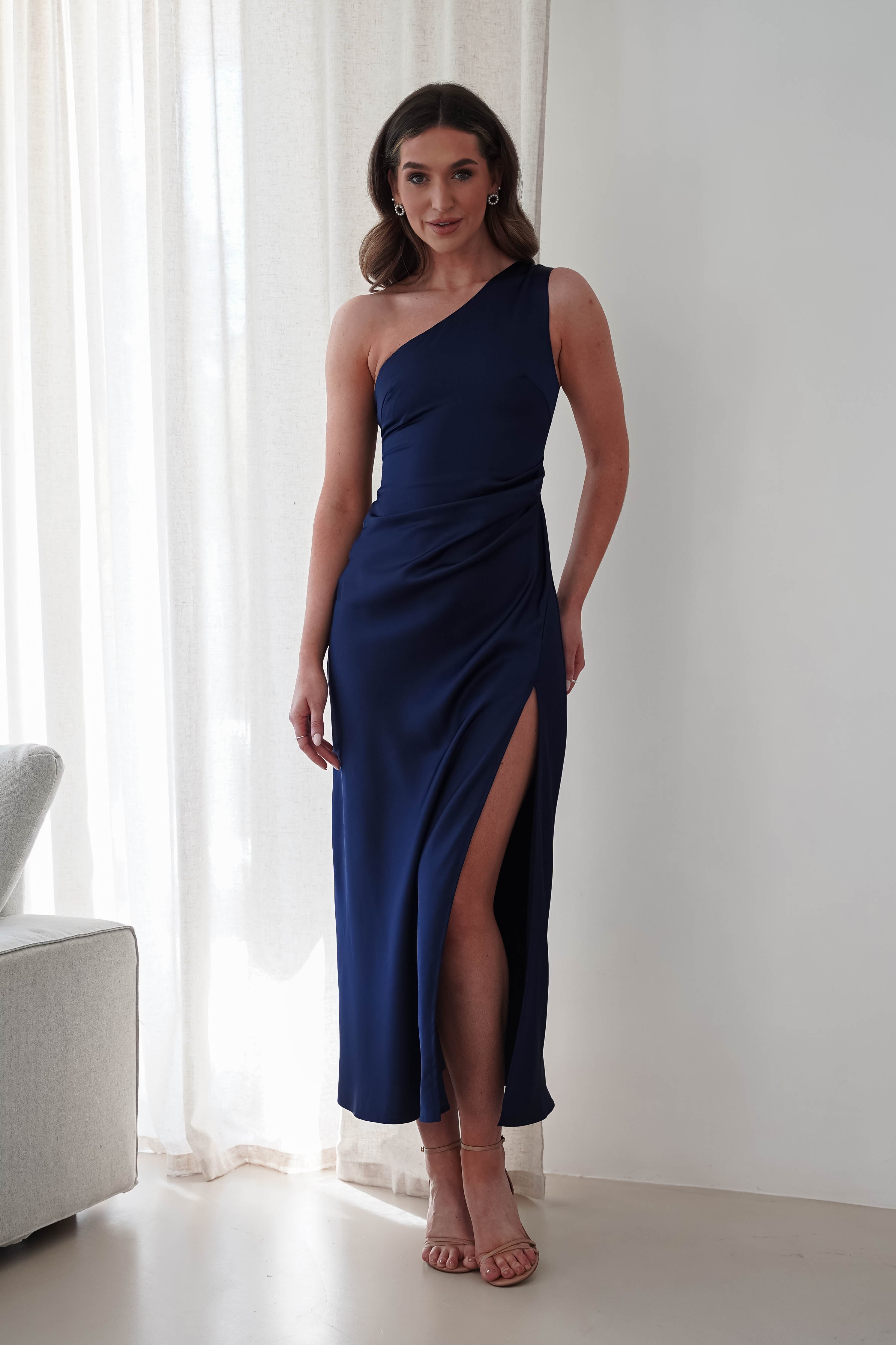 Meera Soft Matte Satin Midaxi Dress Navy | Wedding Guest Dress | Satin | Oh Hello Clothing