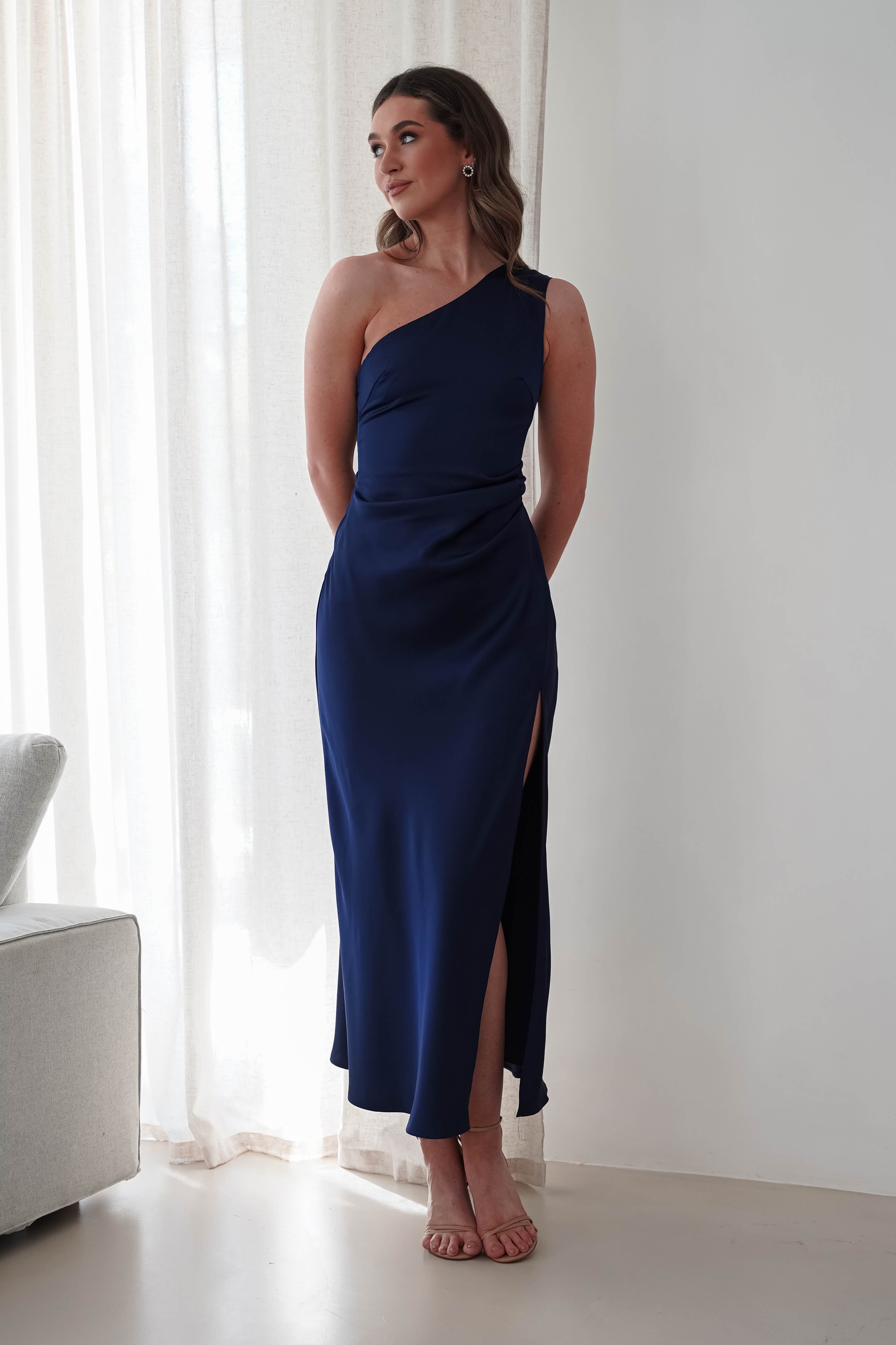 Meera Soft Matte Satin Midaxi Dress Navy | Wedding Guest Dress | Satin | Oh Hello Clothing