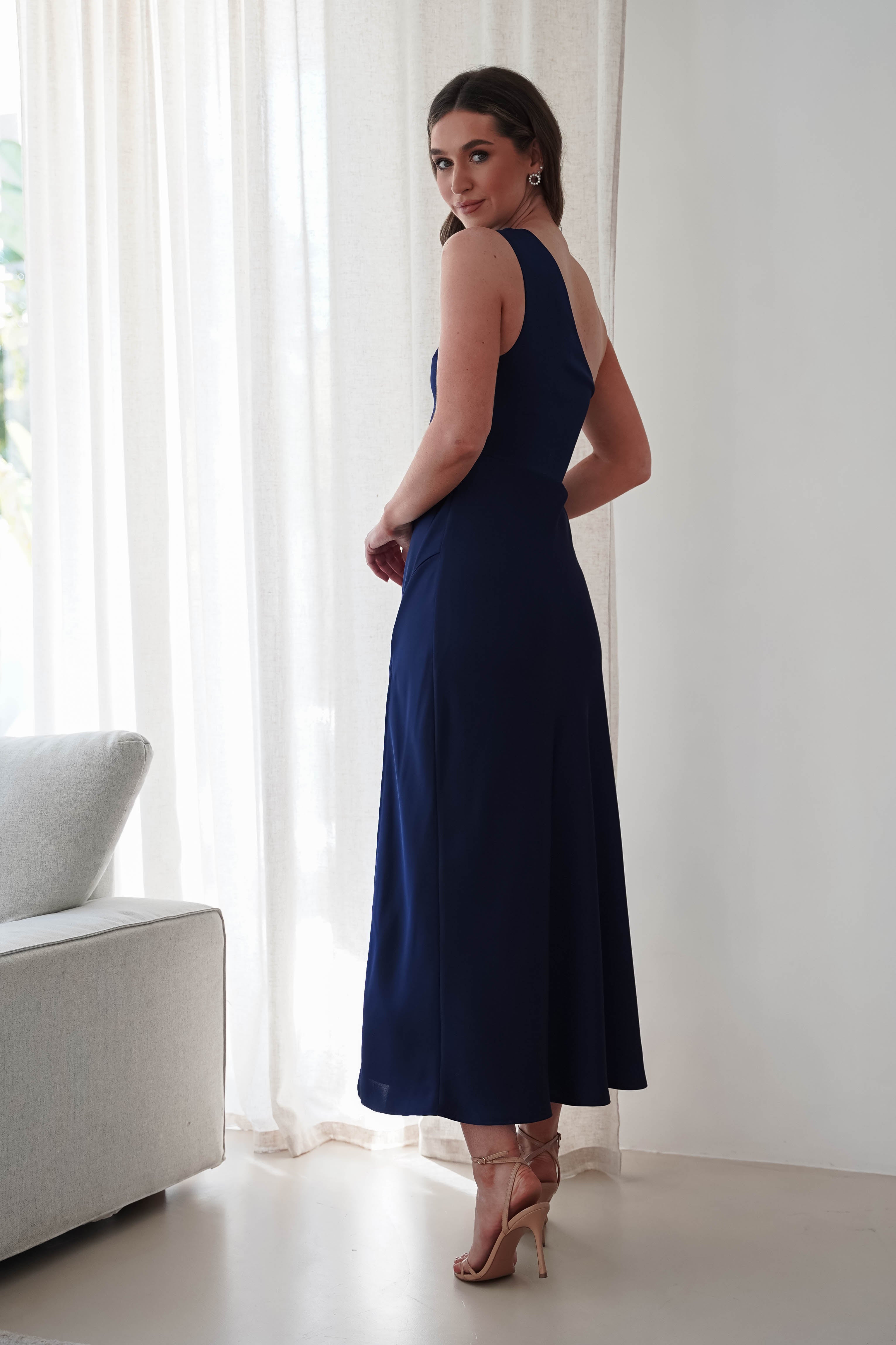 Meera Soft Matte Satin Midaxi Dress Navy | Wedding Guest Dress | Satin | Oh Hello Clothing