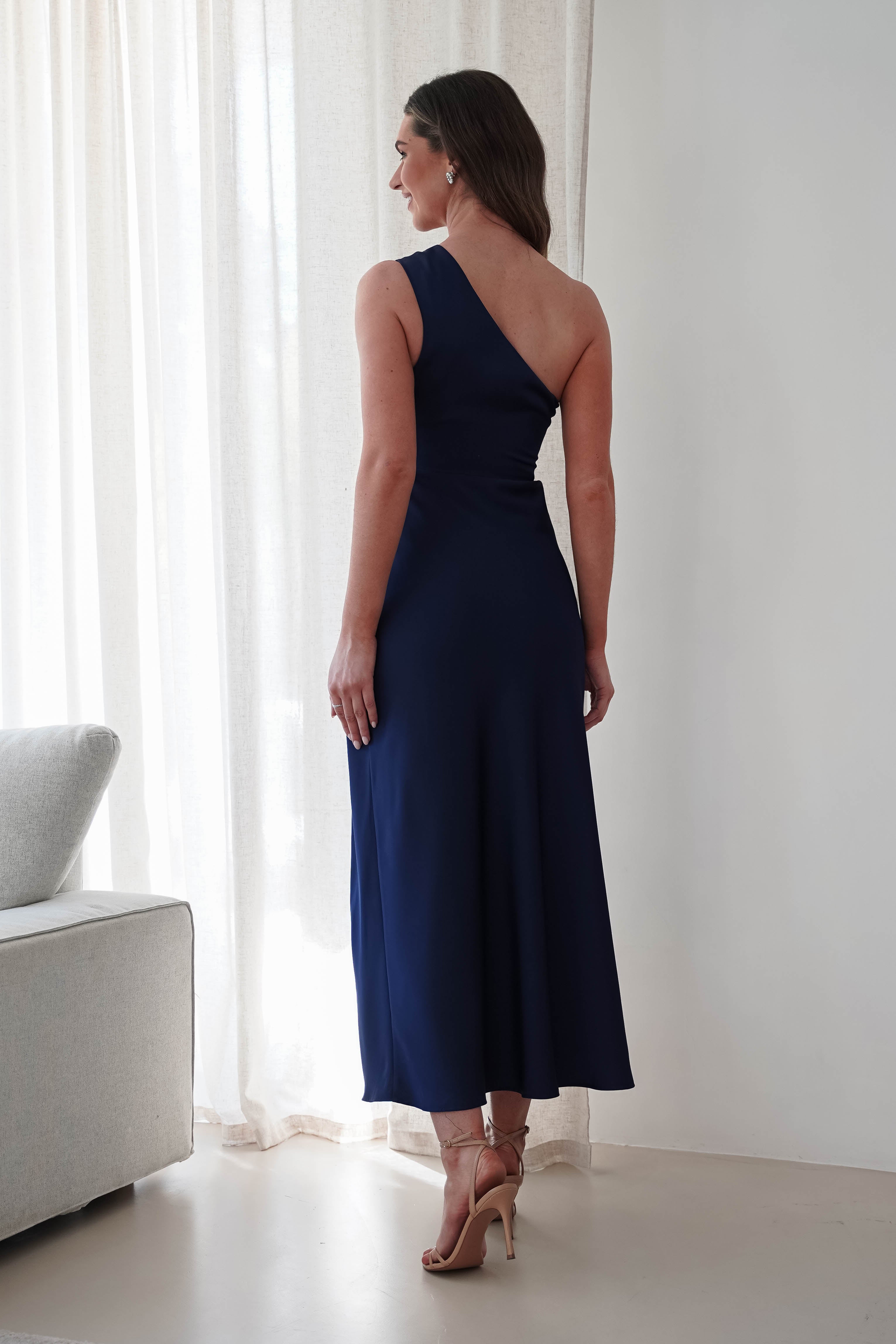 Meera Soft Matte Satin Midaxi Dress Navy | Wedding Guest Dress | Satin | Oh Hello Clothing