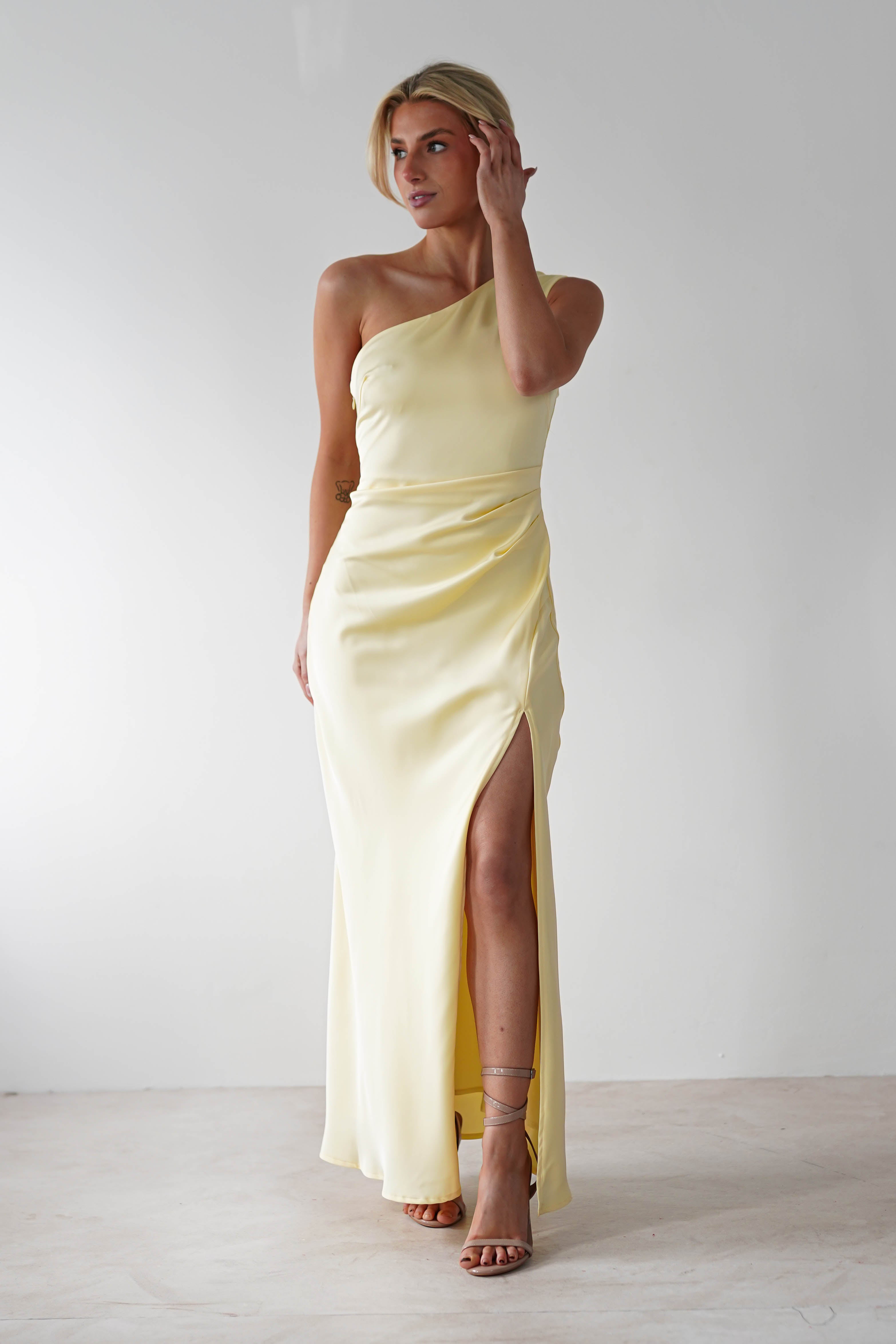Meera Soft Matte Satin Midaxi Dress Yellow | Wedding Guest Dress | Satin | Oh Hello Clothing