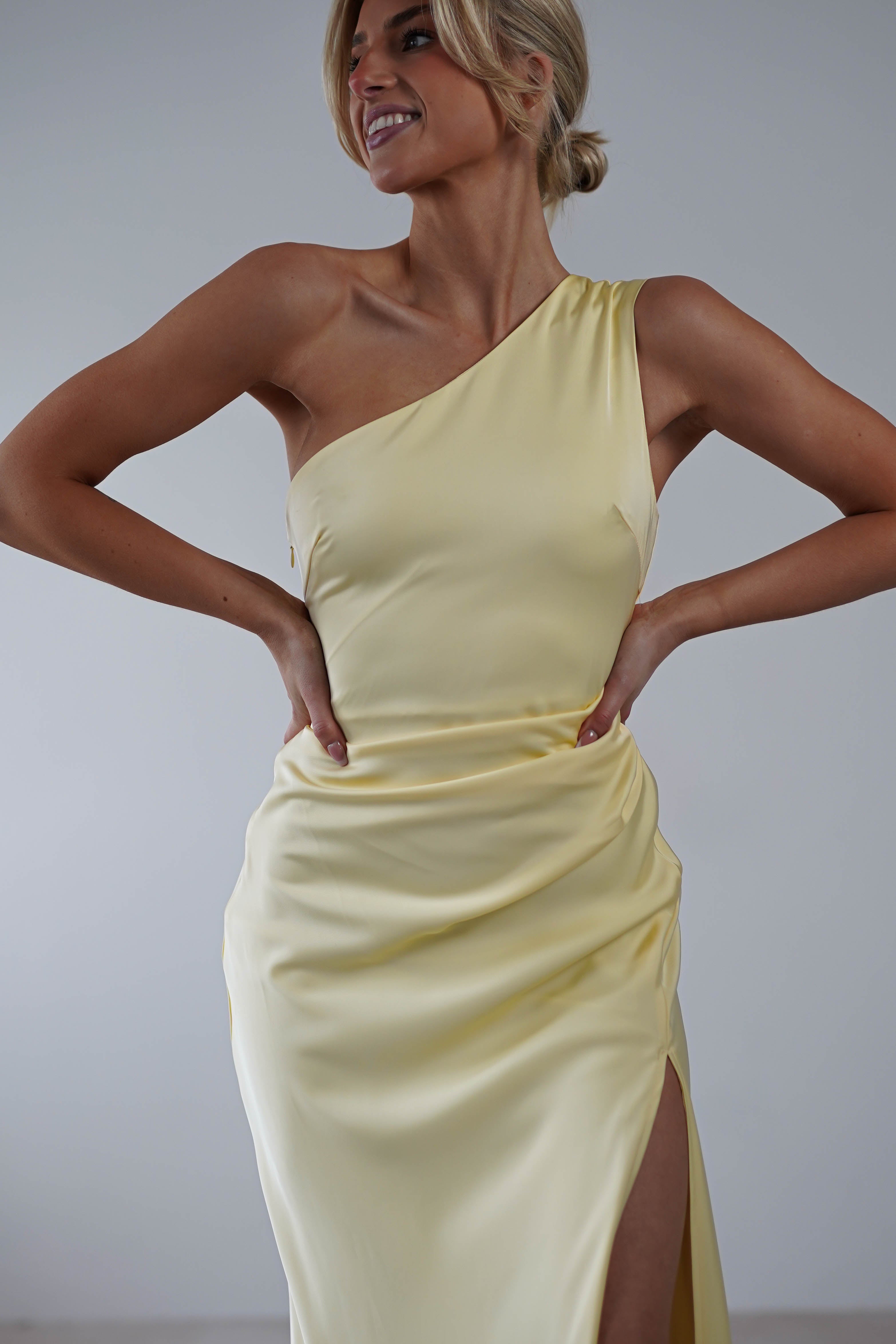 Meera Soft Matte Satin Midaxi Dress Yellow | Wedding Guest Dress | Satin | Oh Hello Clothing